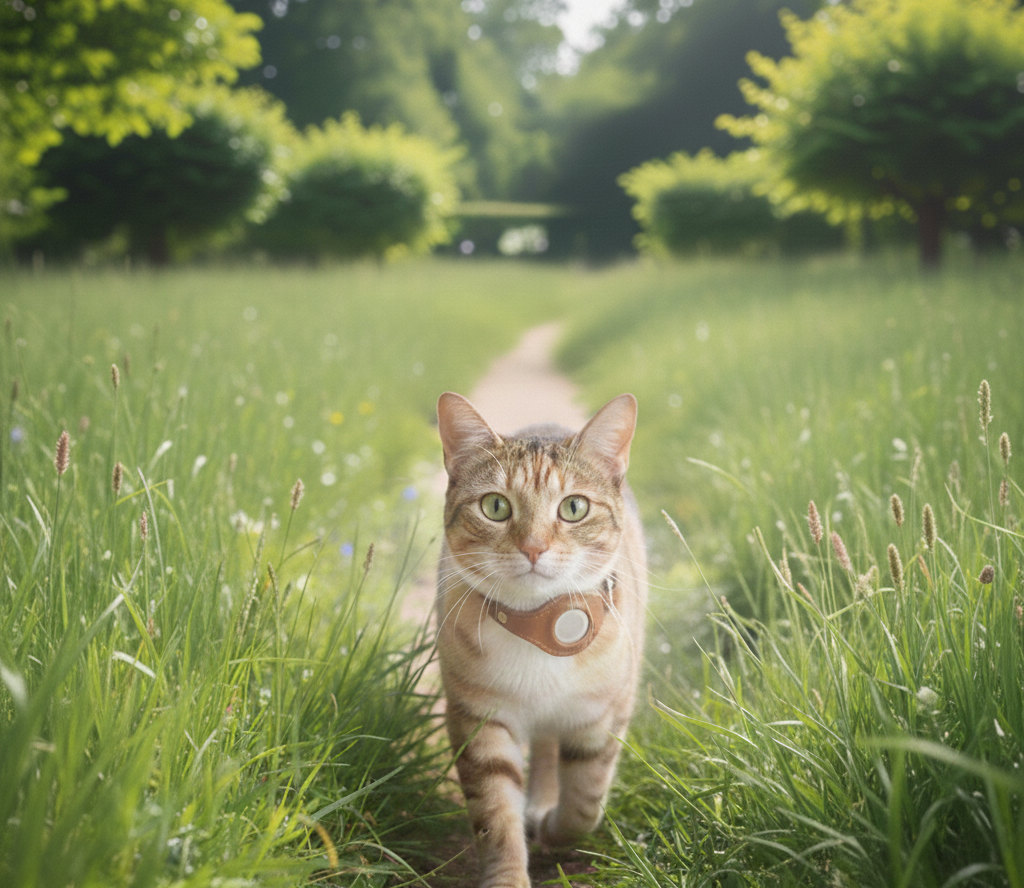 Chat portant un petit traceur sur son collier dans un jardin