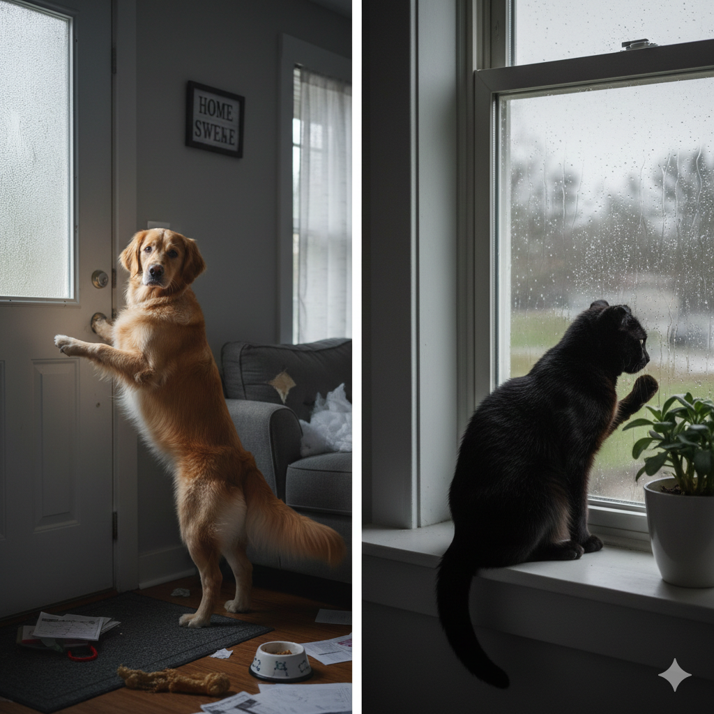 Chien calme sur son coussin avec jouets d'occupation et caméra connectée en arrière-plan