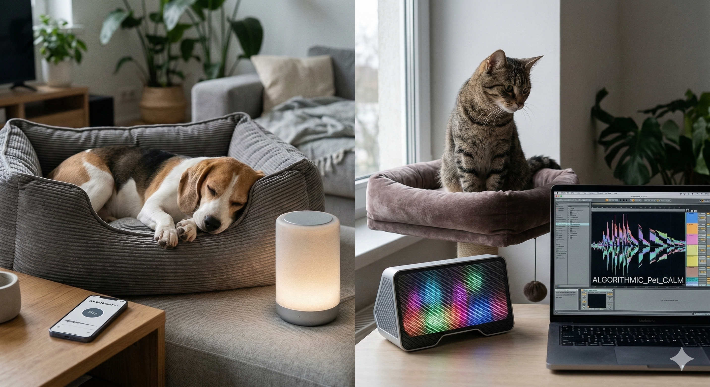 Chien golden retriever allongé calmement à côté d'une enceinte diffusant de la musique apaisante pour animaux