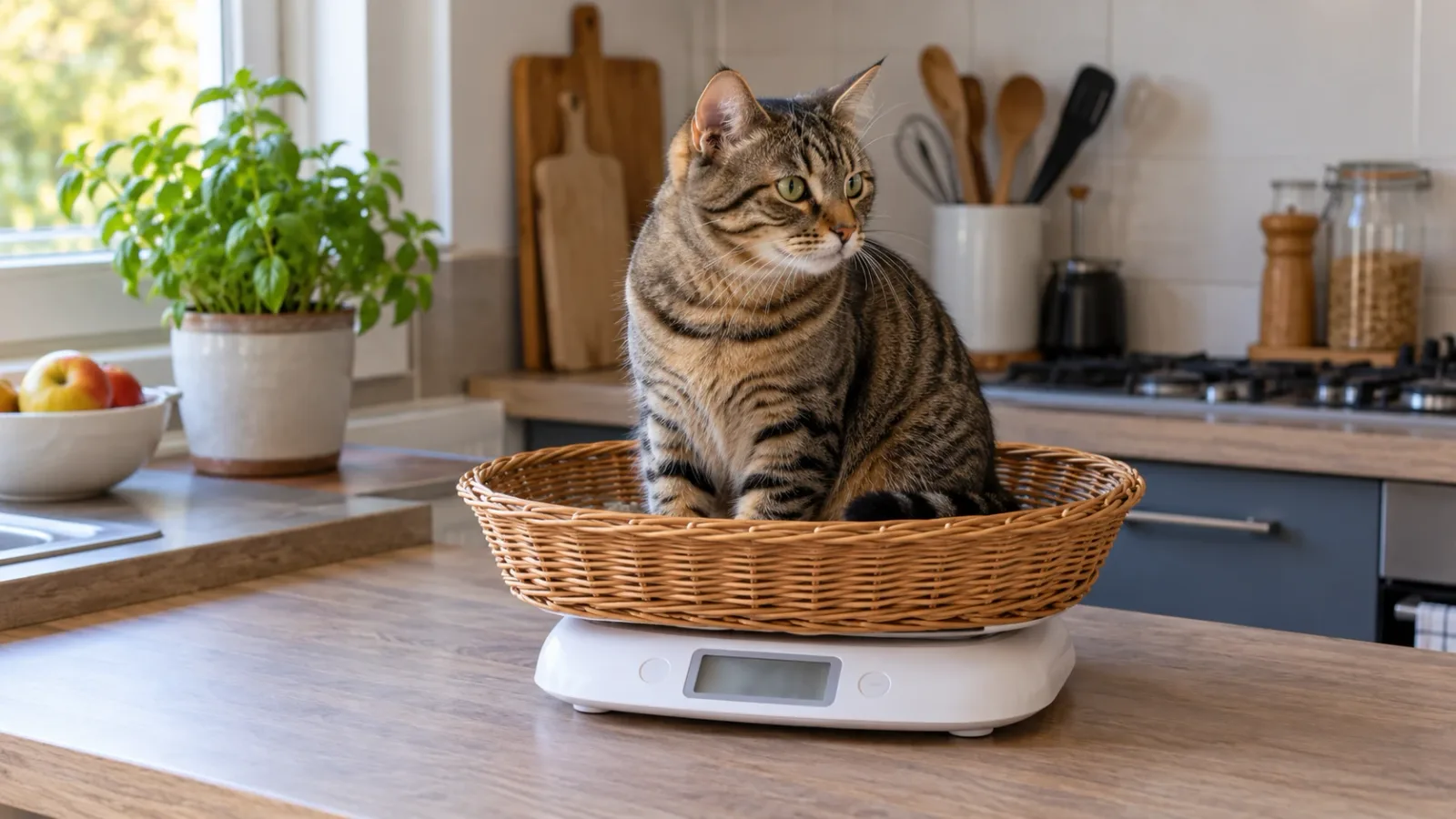 Chat tigré assis dans un panier en osier posé sur un petit pèse-bébé numérique, sur le plan de travail d’une cuisine ordinaire, l’écran de la balance sans chiffre lisible