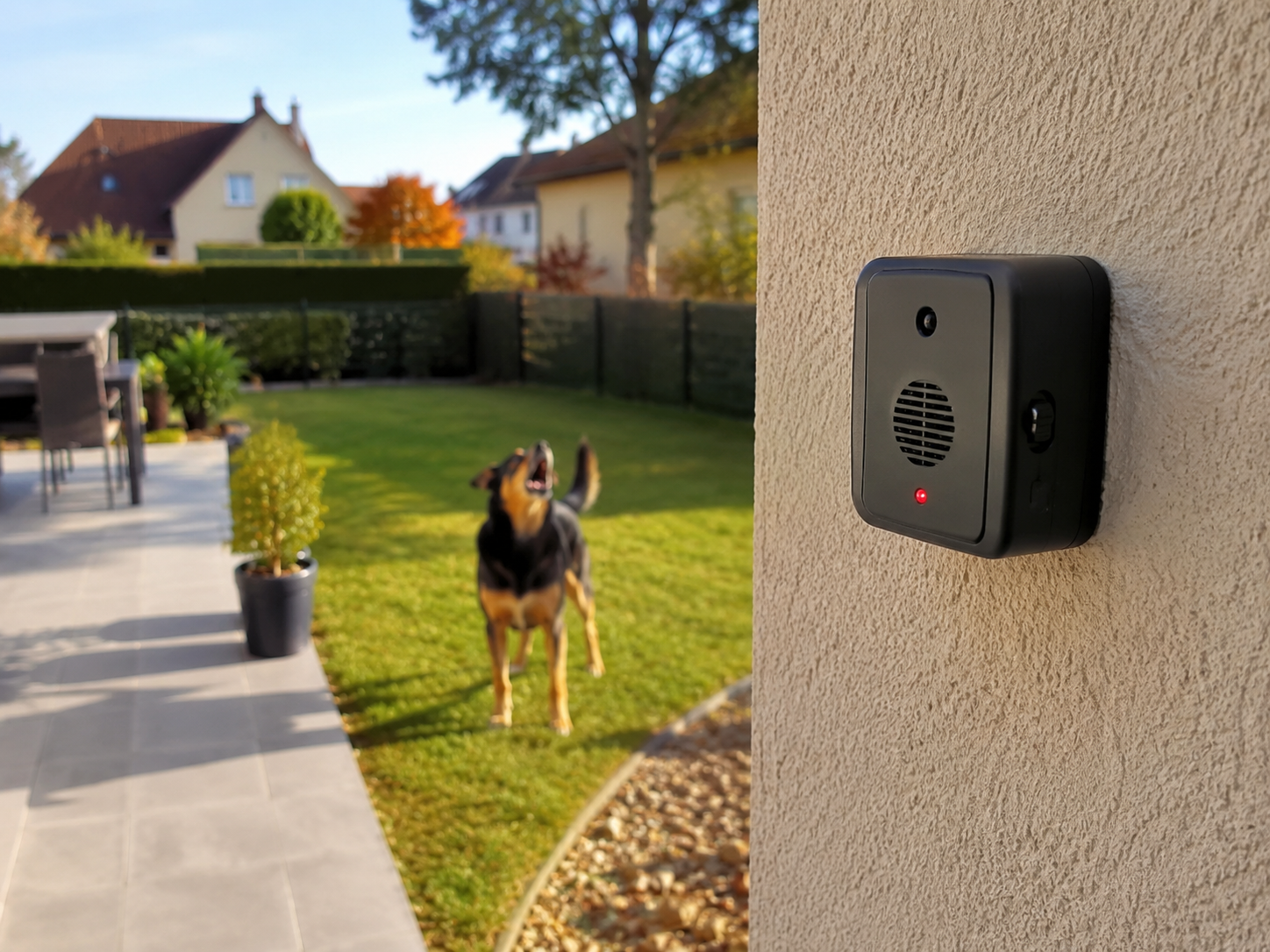 Boîtier anti-aboiement à ultrasons fixé sur une clôture de jardin, face à un chien qui aboie