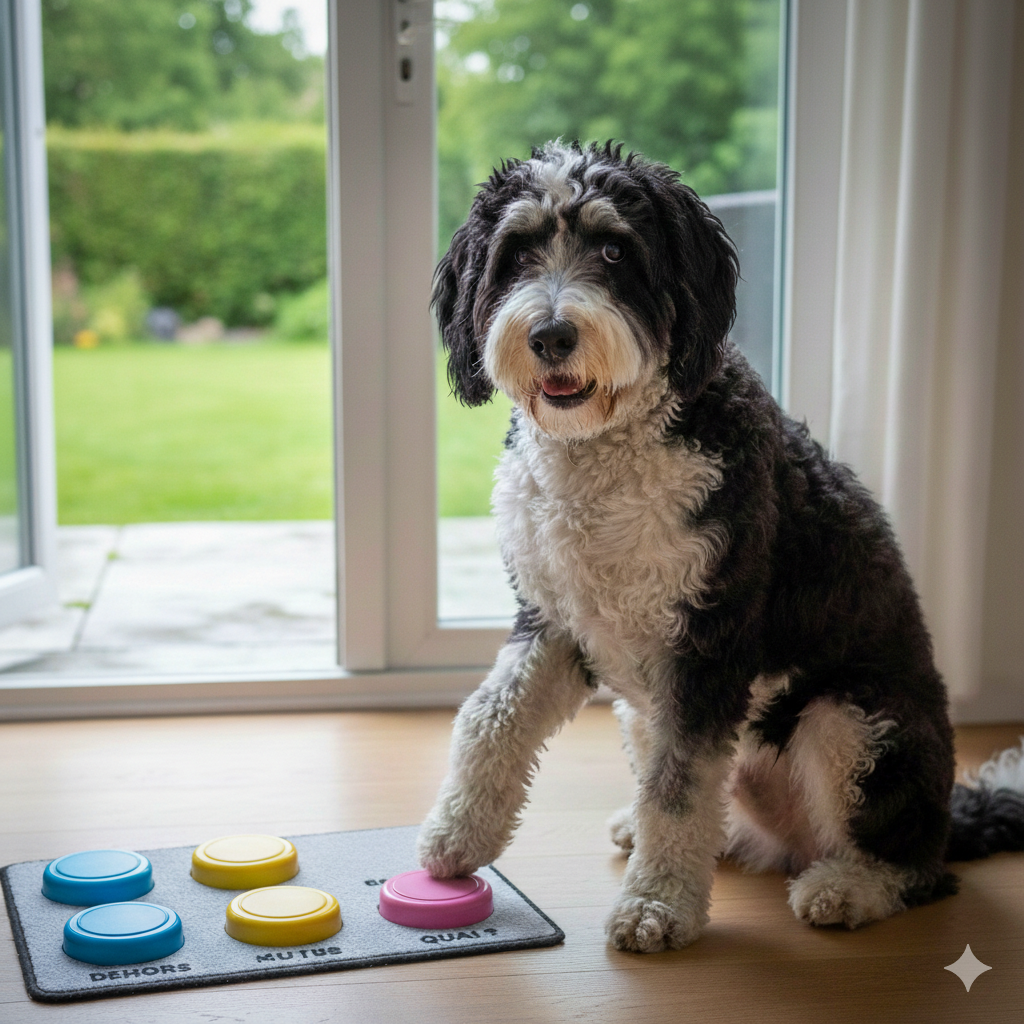 Chien appuyant sur des boutons de communication colorés disposés sur un tapis