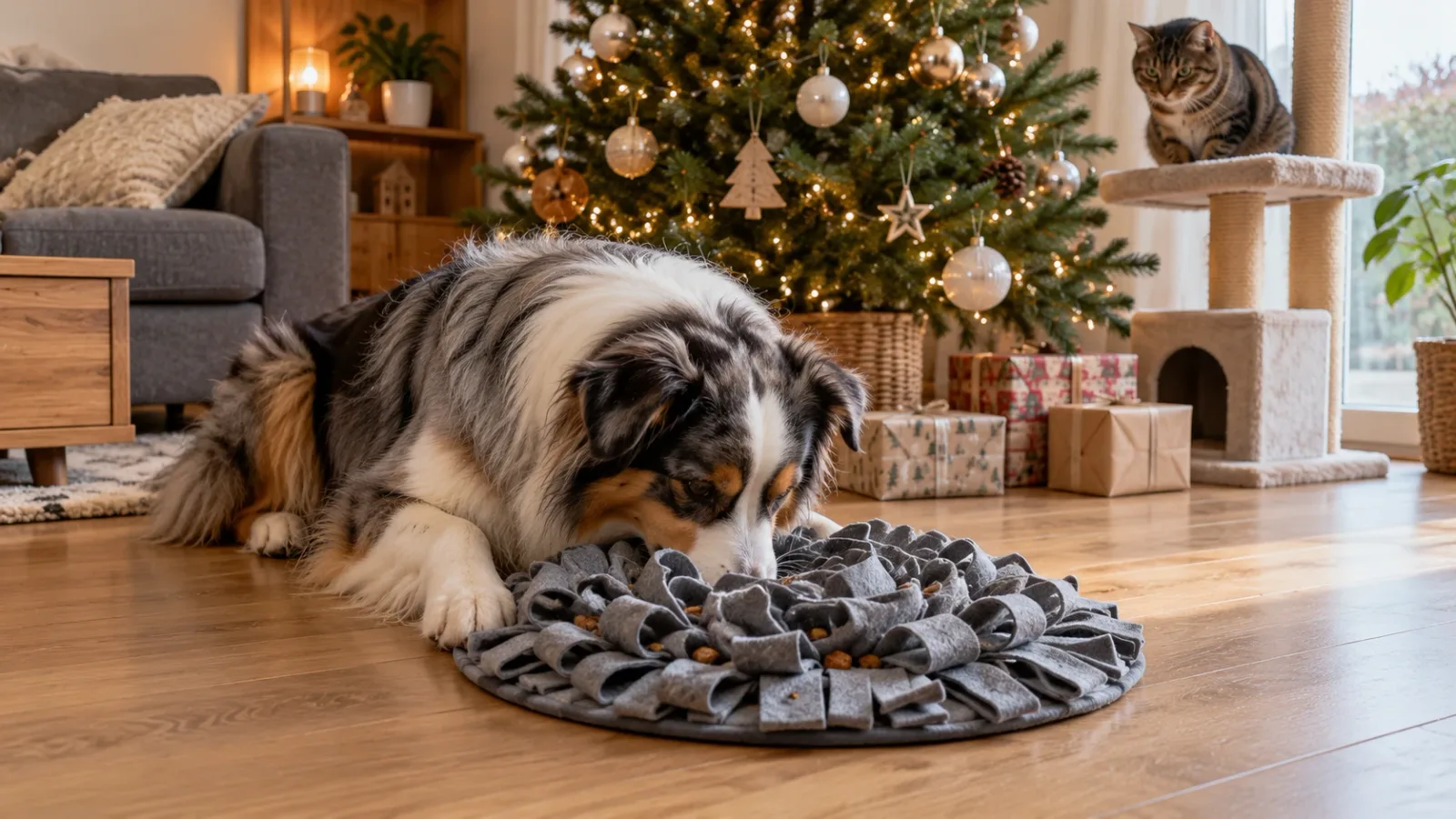 Chien adulte allongé au pied d'un sapin de Noël dans un salon ordinaire, la truffe dans un tapis de fouille en feutre posé sur le parquet, un chat tigré observant la scène depuis le haut d'un arbre à chat près de la fenêtre, lumière d'hiver, sans texte ni marque visibles
