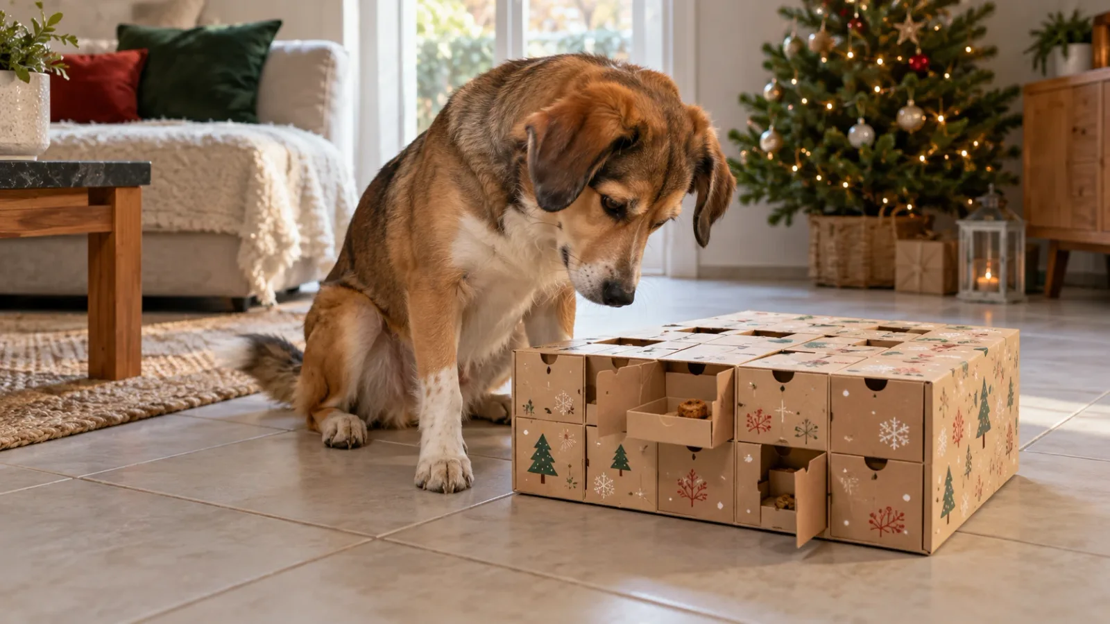 Calendrier de l'Avent en carton à cases ouvertes posé sur le carrelage d'un salon décoré pour Noël, un chien de taille moyenne assis devant qui regarde une petite friandise posée dans une case, sans texte ni marque visibles