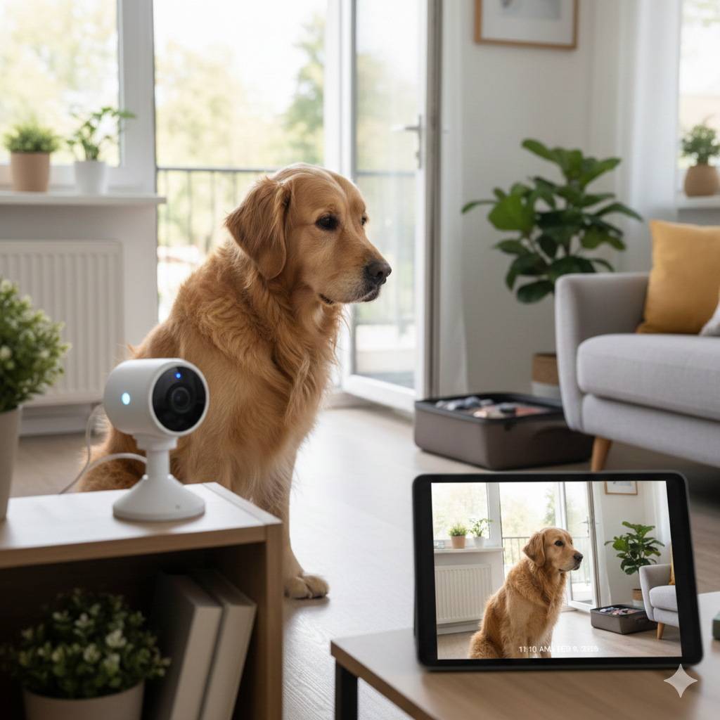Caméra connectée pour surveiller un chien seul à la maison avec distributeur de friandises