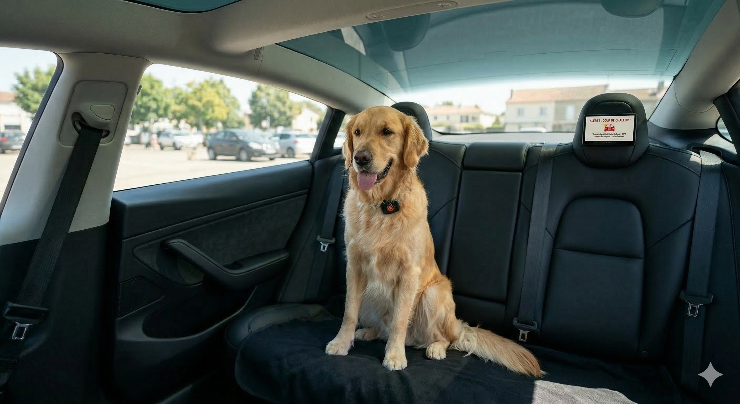 Chien dans un habitacle de voiture avec un capteur de température connecté affichant une alerte sur smartphone