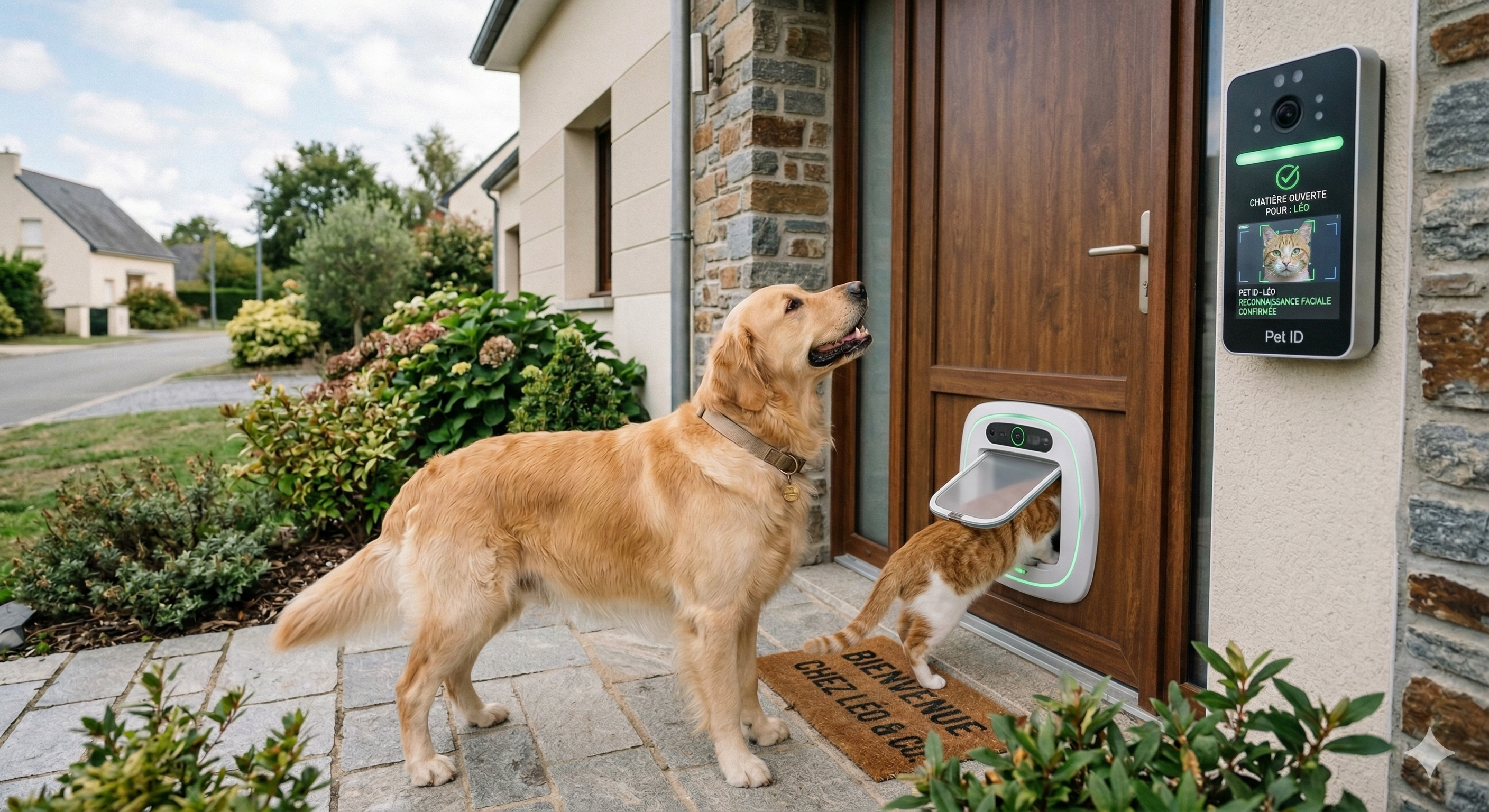 Chat tigré passant par une chatière intelligente à lecture de puce, lumière verte indiquant l'accès autorisé