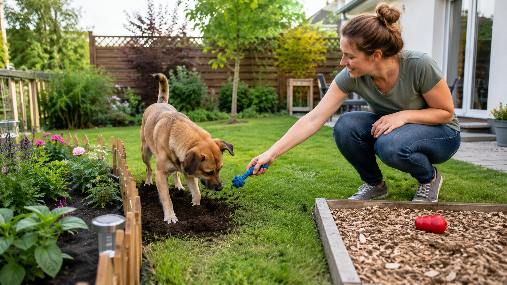 Chien en train de creuser dans un bac à sable dédié au jardin, patte posée sur le bord, air satisfait