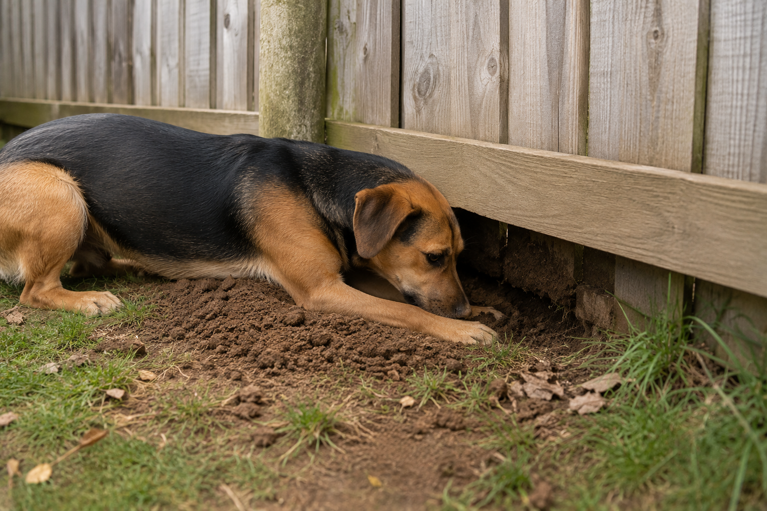 Chien en train de creuser un passage sous une clôture grillagée de jardin, terre projetée derrière lui