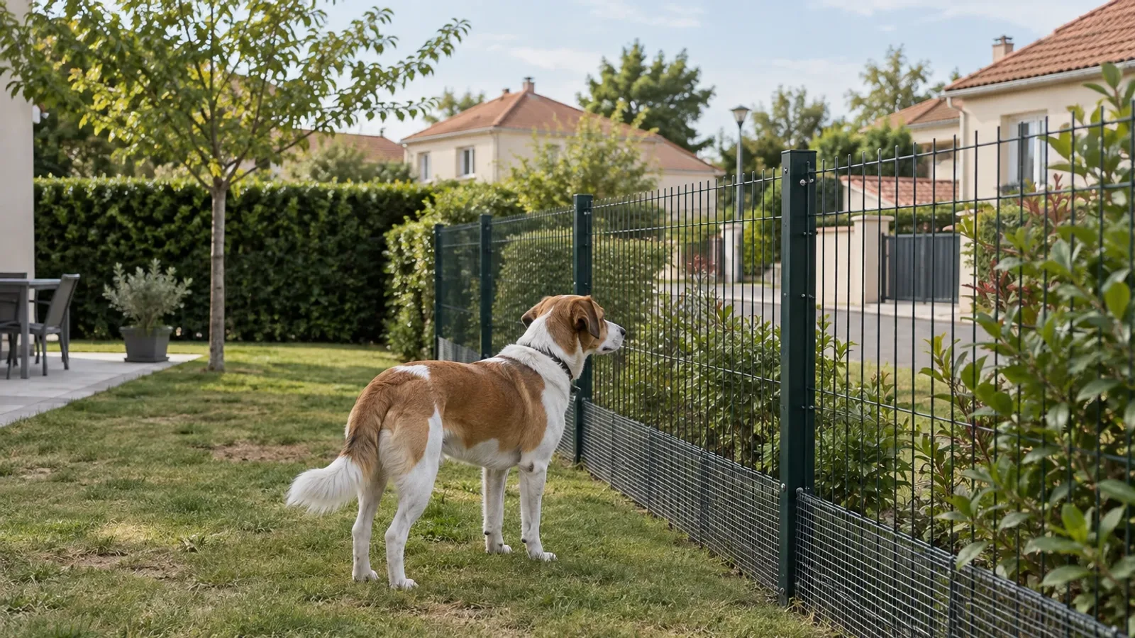 Chien debout dans l'herbe le long d'une clôture rigide à panneaux verts, regardant vers la rue d'un lotissement