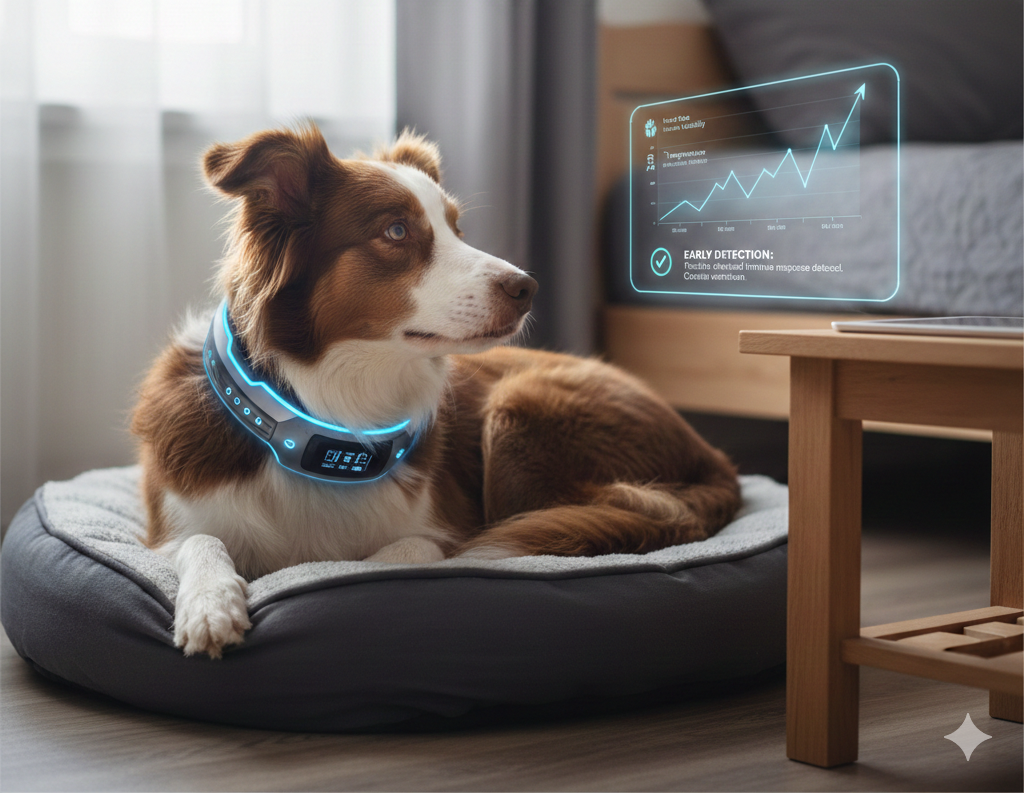 Chien labrador portant un collier intelligent connecté avec application de suivi santé sur smartphone