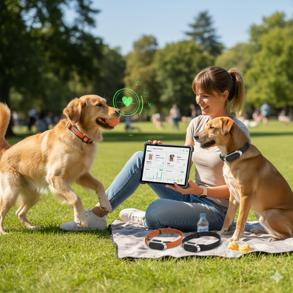 Collier connecté de suivi santé sur un golden retriever