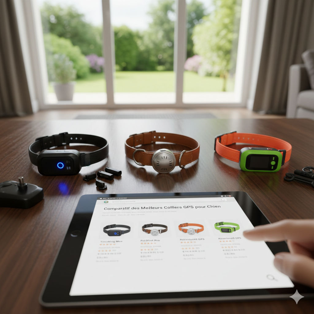 Collier GPS connecté sur un chien lors d'une promenade en forêt