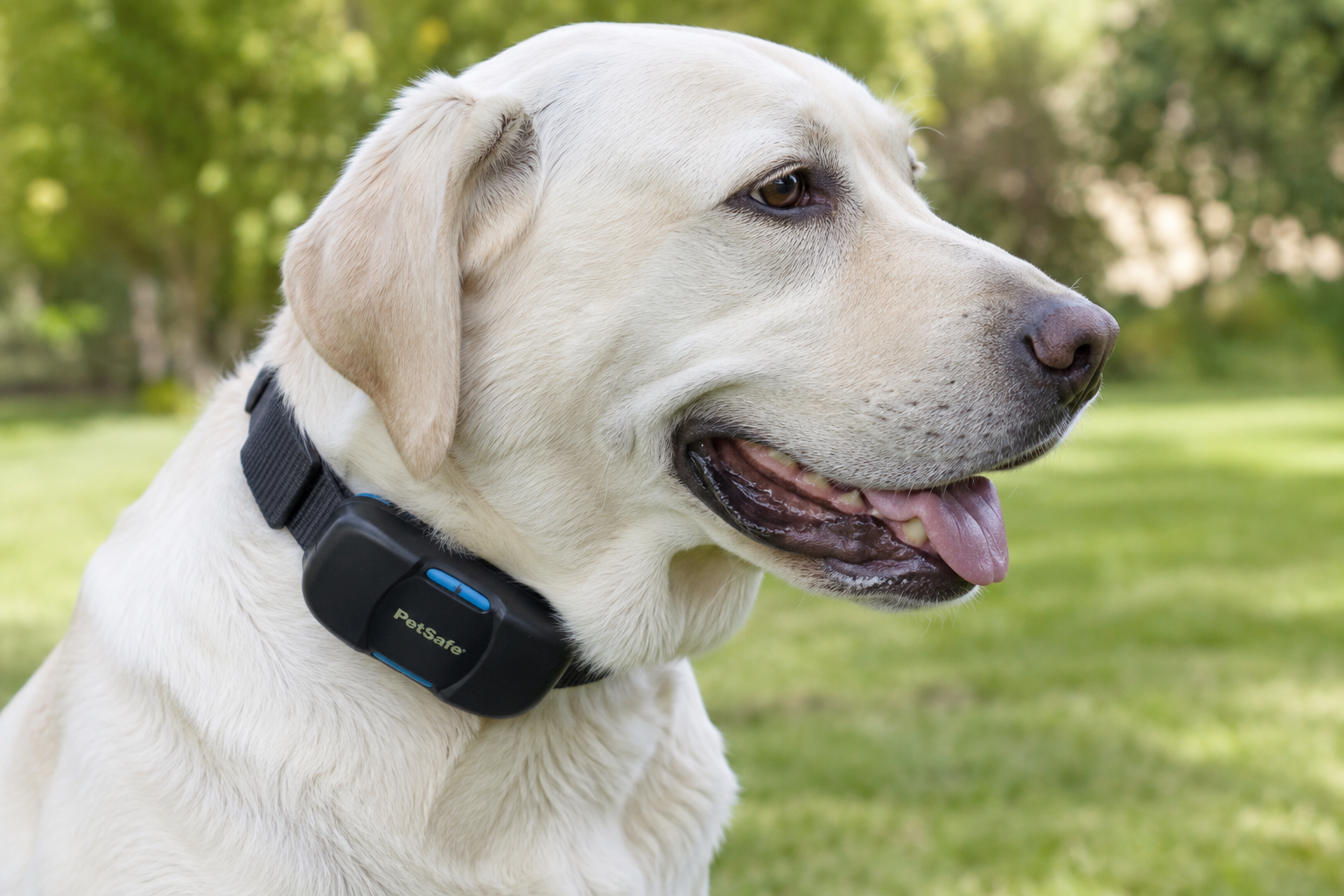 Chien sourd portant un collier vibrant, attentif au signal de sa maîtresse dans un parc