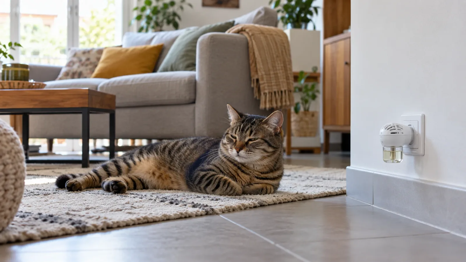 Diffuseur de phéromones branché sur une prise basse dans le salon d'un appartement ordinaire, un chat couché à quelques mètres sur un tapis