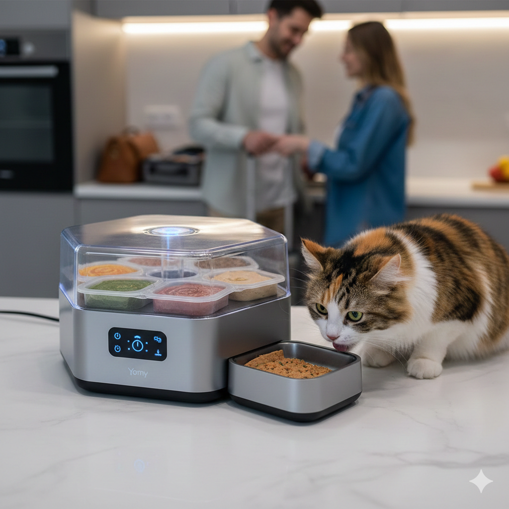 Distributeur automatique de nourriture humide pour chat avec compartiments hermétiques et application smartphone connectée