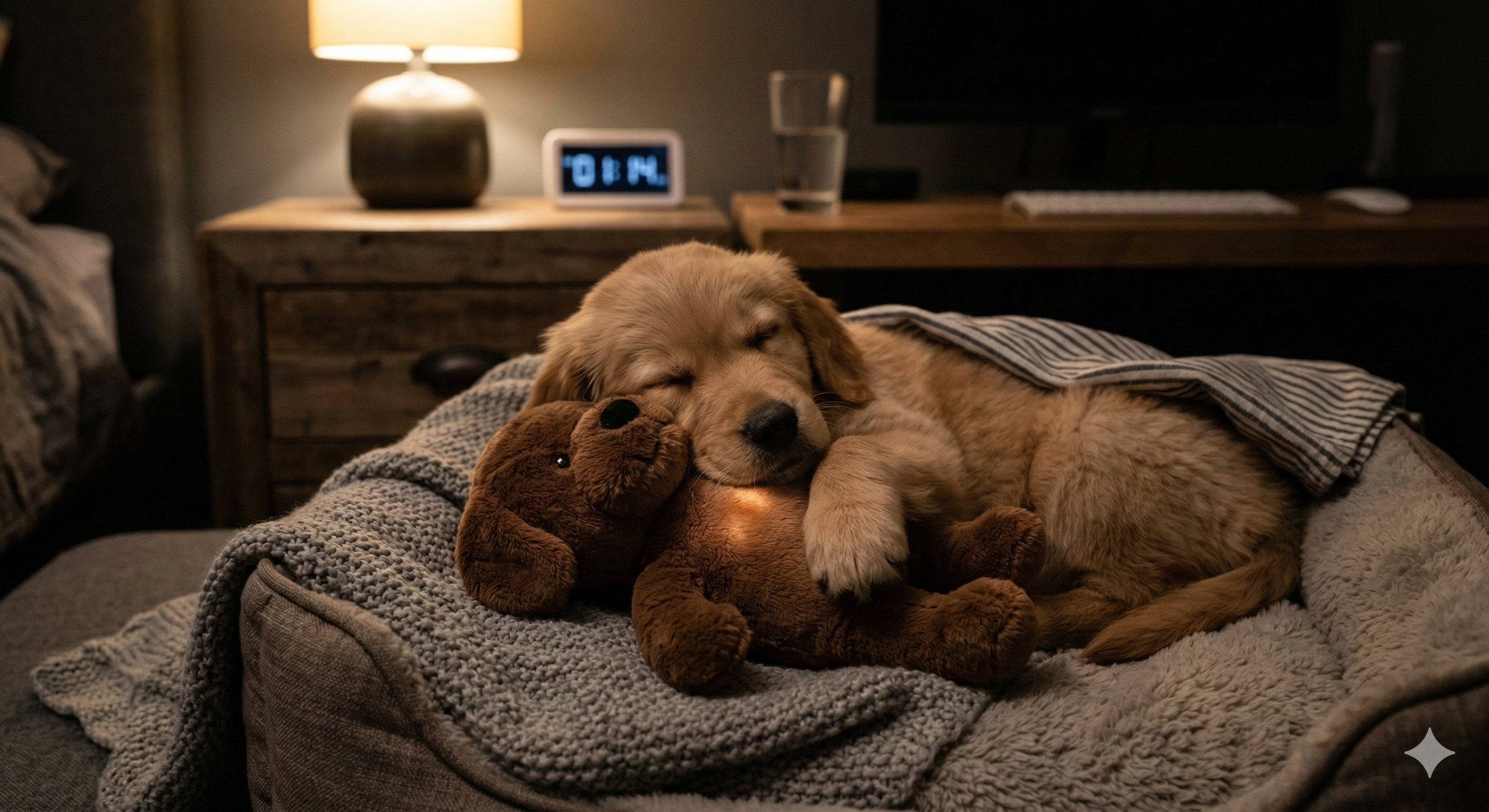 Chiot beagle lové contre une peluche à battements de cœur dans son panier, éclairage doux nocturne