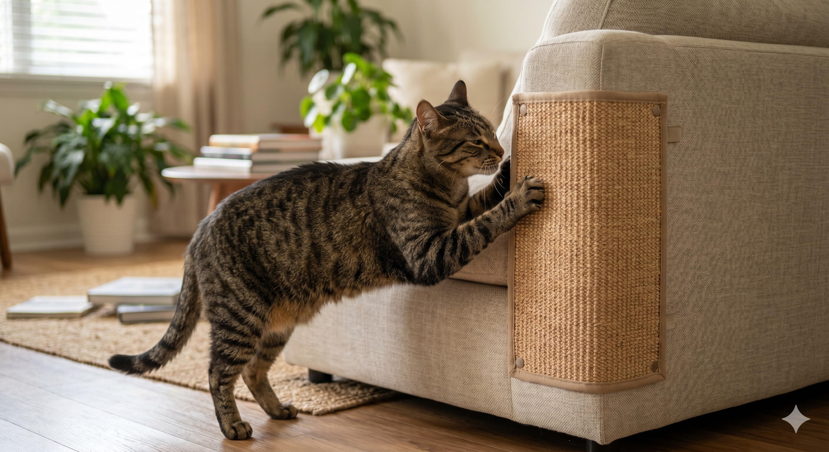 Chat tigré debout en train de griffer le coin d'un canapé gris en tissu