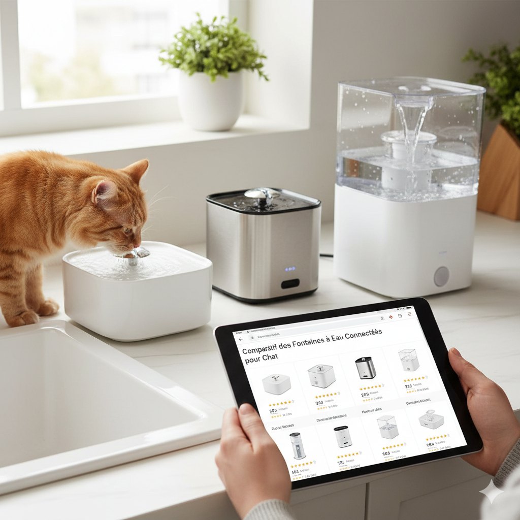 Chat buvant dans une fontaine à eau moderne en inox dans une cuisine