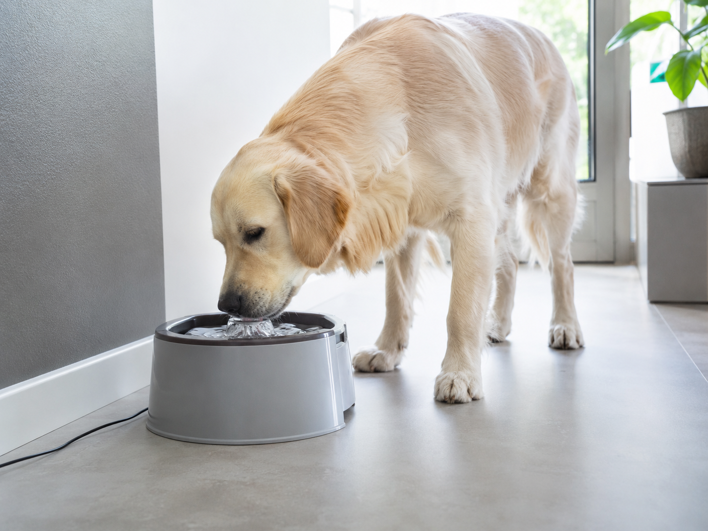 Grand chien buvant à une fontaine à eau en inox grande capacité dans une cuisine