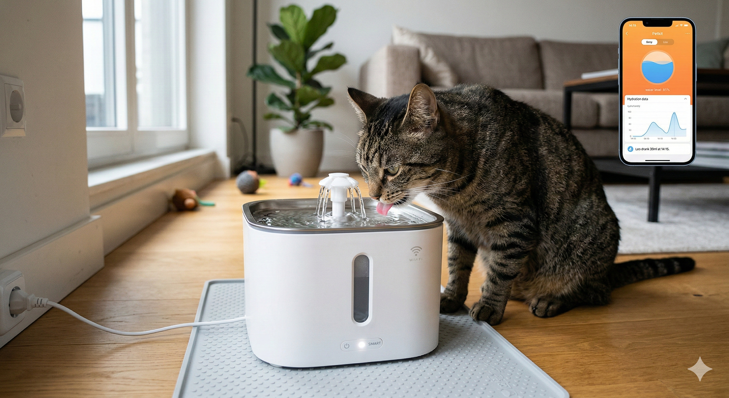 Chat British Shorthair gris buvant dans une fontaine connectée moderne, éclairage doux, appartement