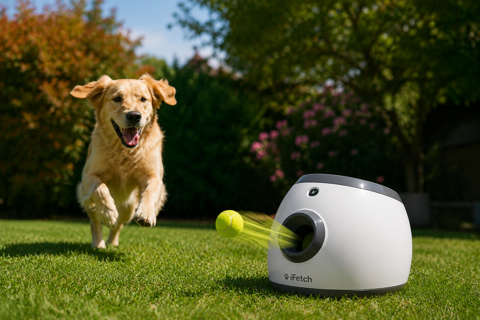 Chien attentif devant un lanceur de balle automatique posé sur la pelouse, une balle de tennis prête à être propulsée
