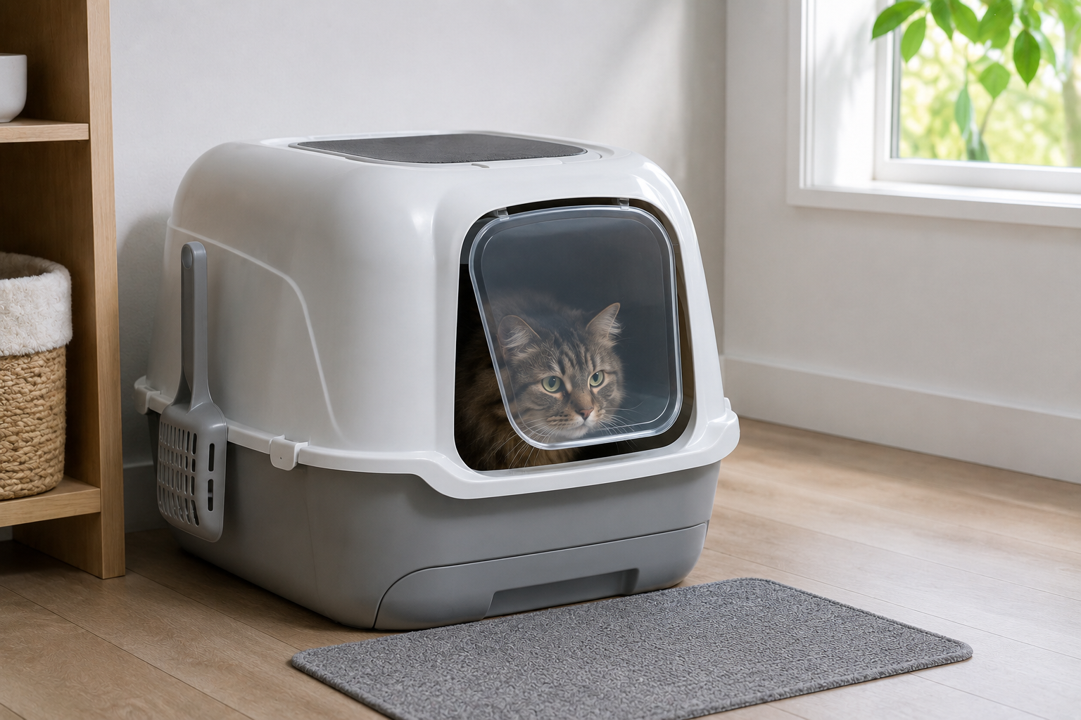 Maison de toilette fermée pour chat avec filtre à charbon dans un salon