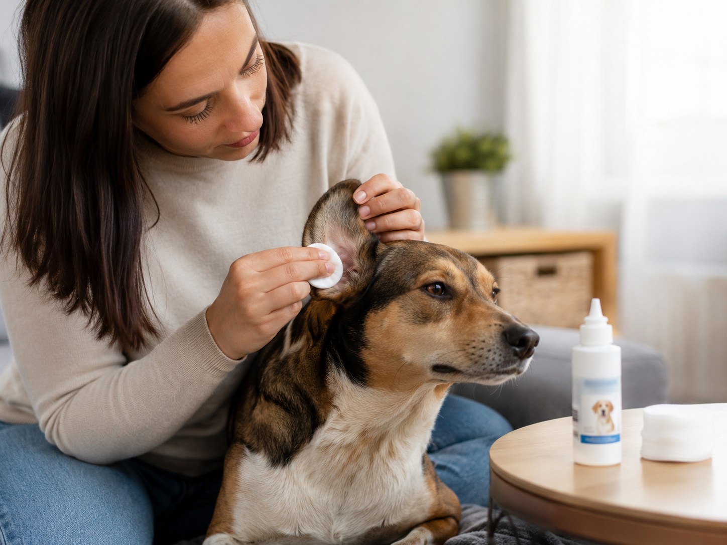 Cocker Spaniel inclinant la tête pendant un nettoyage auriculaire avec lotion vétérinaire et compresse douce