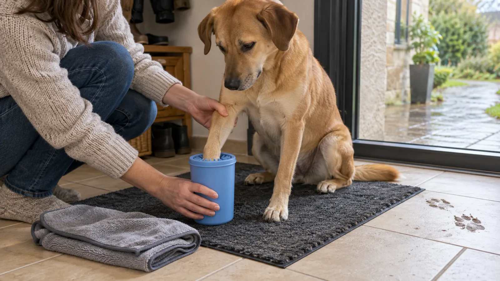 Une femme agenouillée dans une entrée de maison ordinaire plonge la patte avant d'un chien à poil court dans un gobelet nettoyeur en silicone bleu, le chien assis sur un paillasson, une serviette microfibre pliée au sol et des traces de boue sur le carrelage, lumière grise de matin de pluie