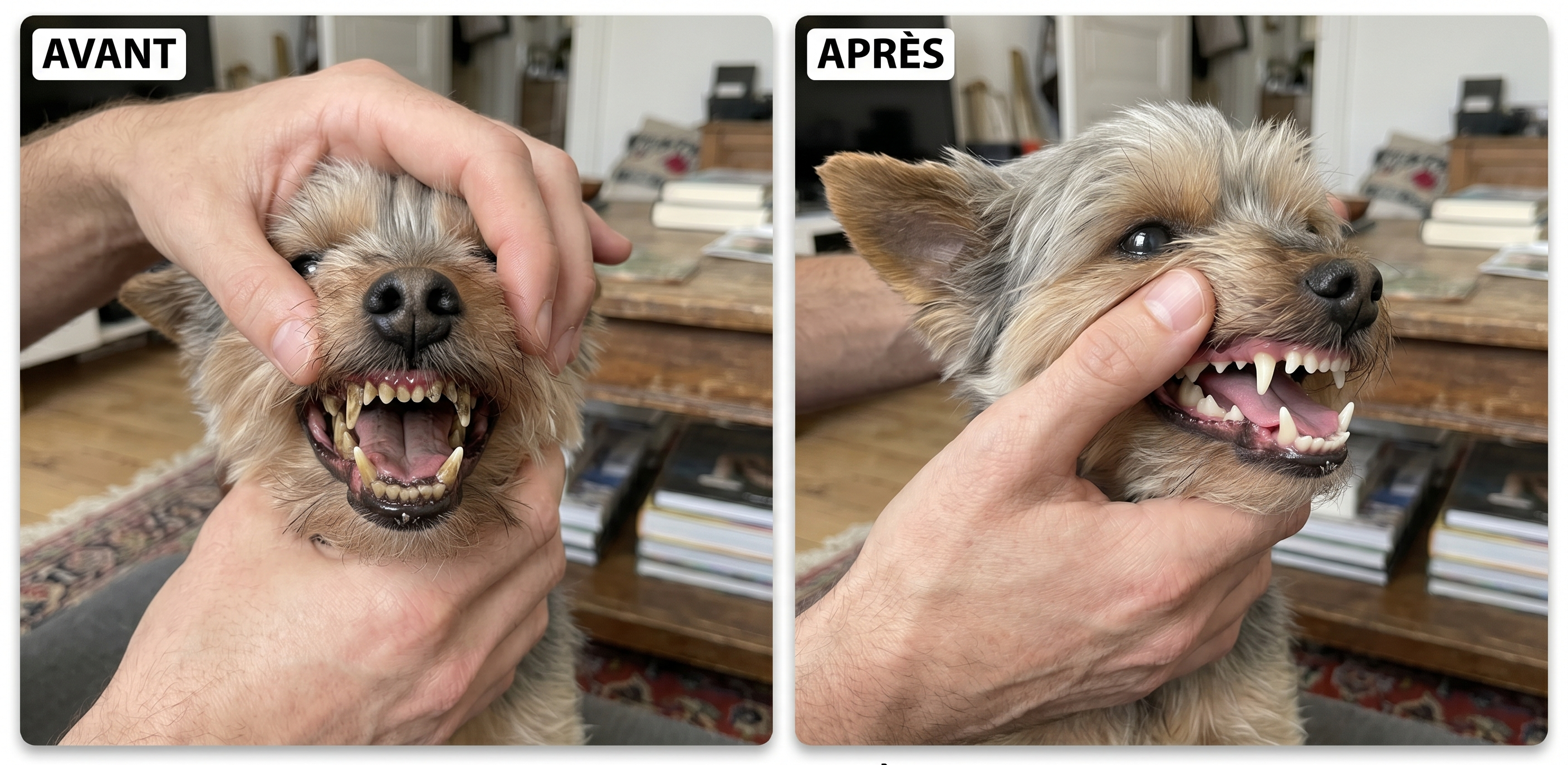 Yorkshire Terrier avec des dents propres après 8 semaines d'utilisation d'un nettoyeur ultrasonique à domicile