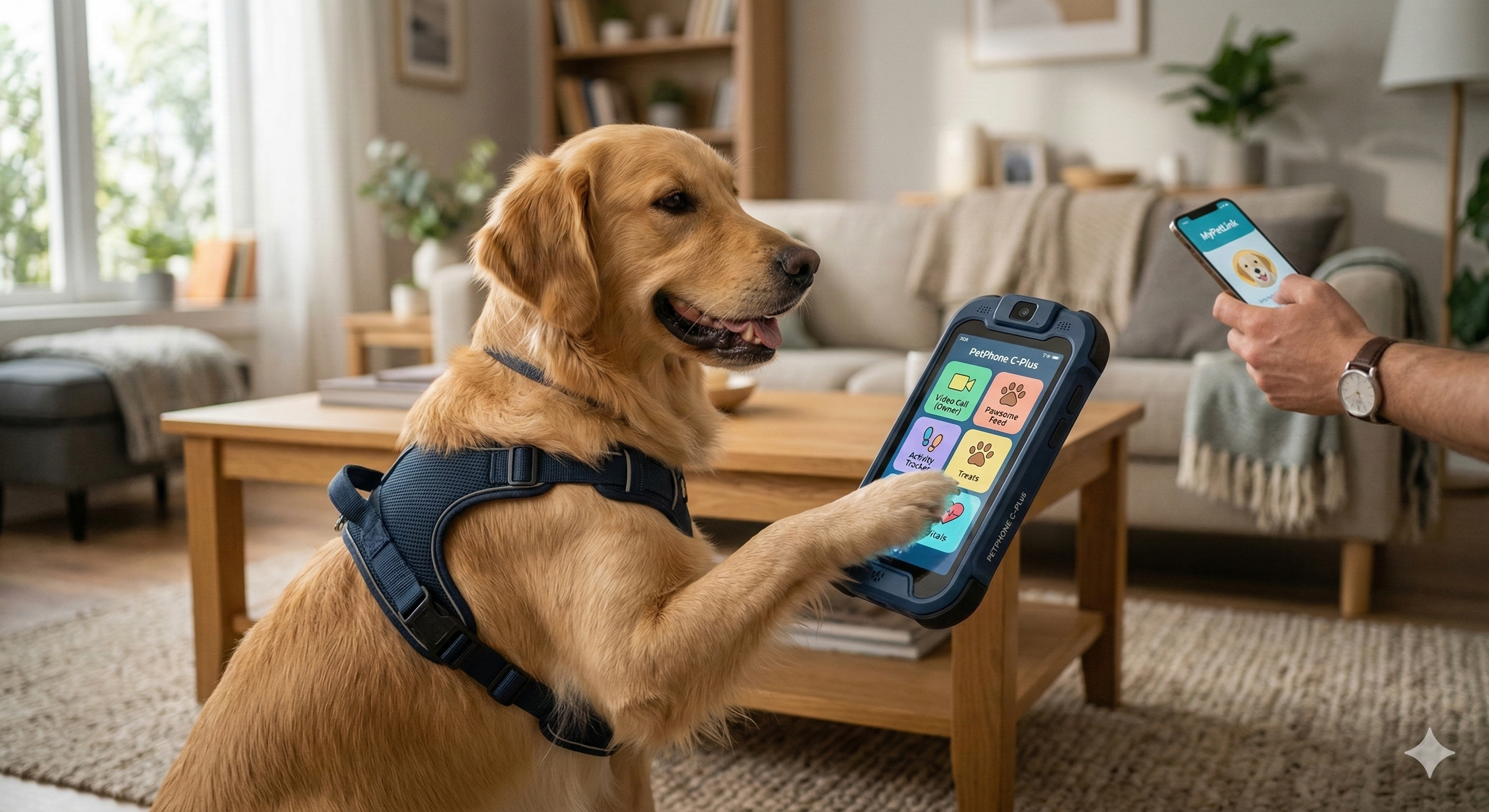 Chien golden retriever portant un collier PetPhone connecté, écran de smartphone affichant une analyse de stress en temps réel
