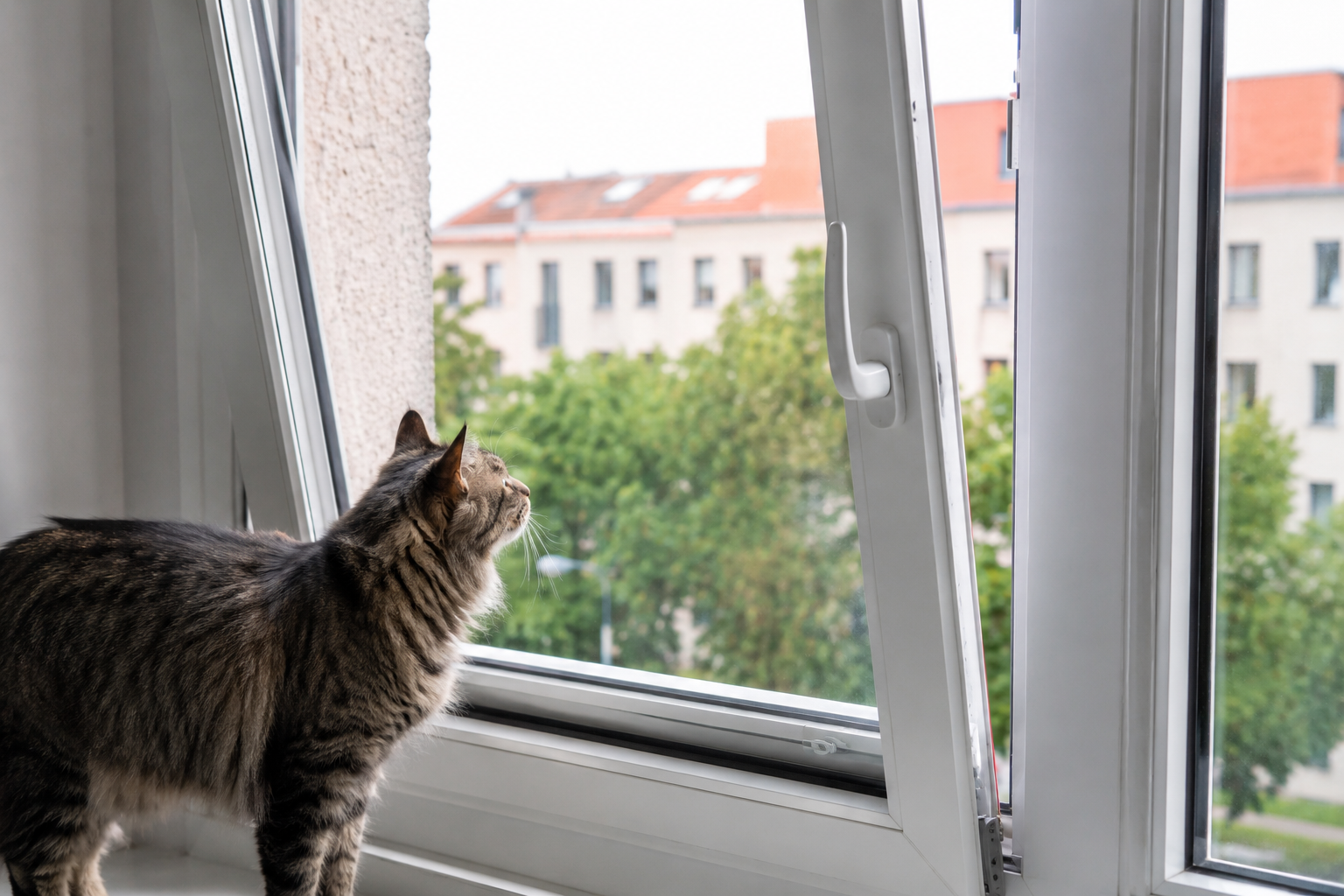 Fenêtre oscillo-battante entrouverte : les fentes latérales en V où un chat se coince, et une grille de protection posée sur la fente droite