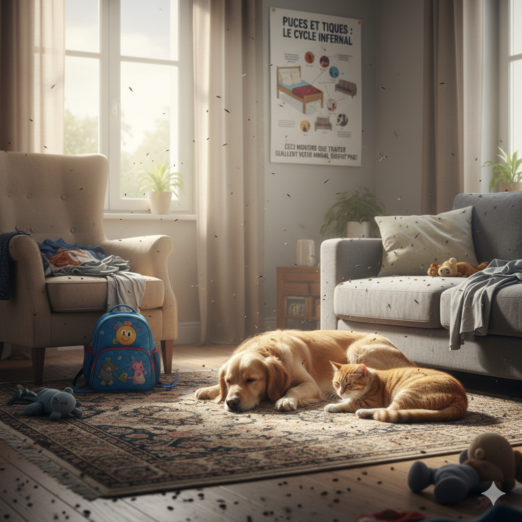 Chien qui se gratte à cause des puces sur un tapis de salon infesté