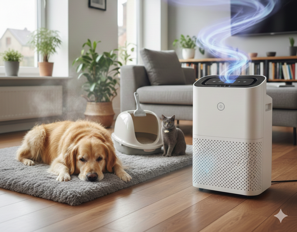 Purificateur d'air HEPA dans un salon avec un chat et un chien