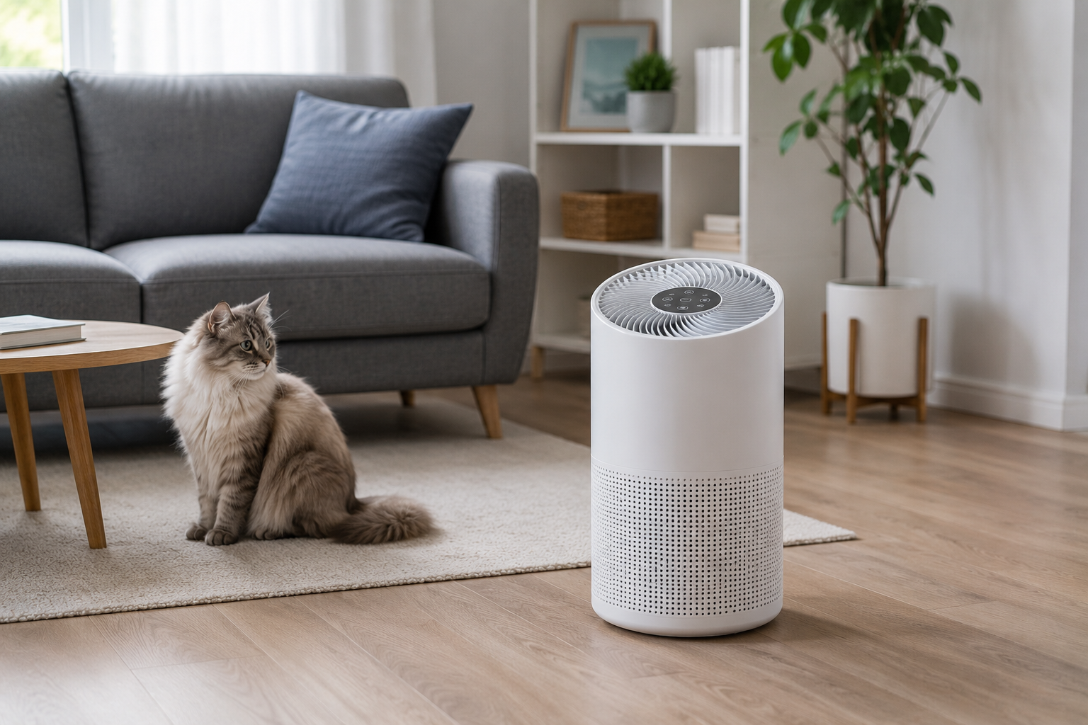 Purificateur d'air à filtre charbon actif dans une pièce avec une litière pour chat