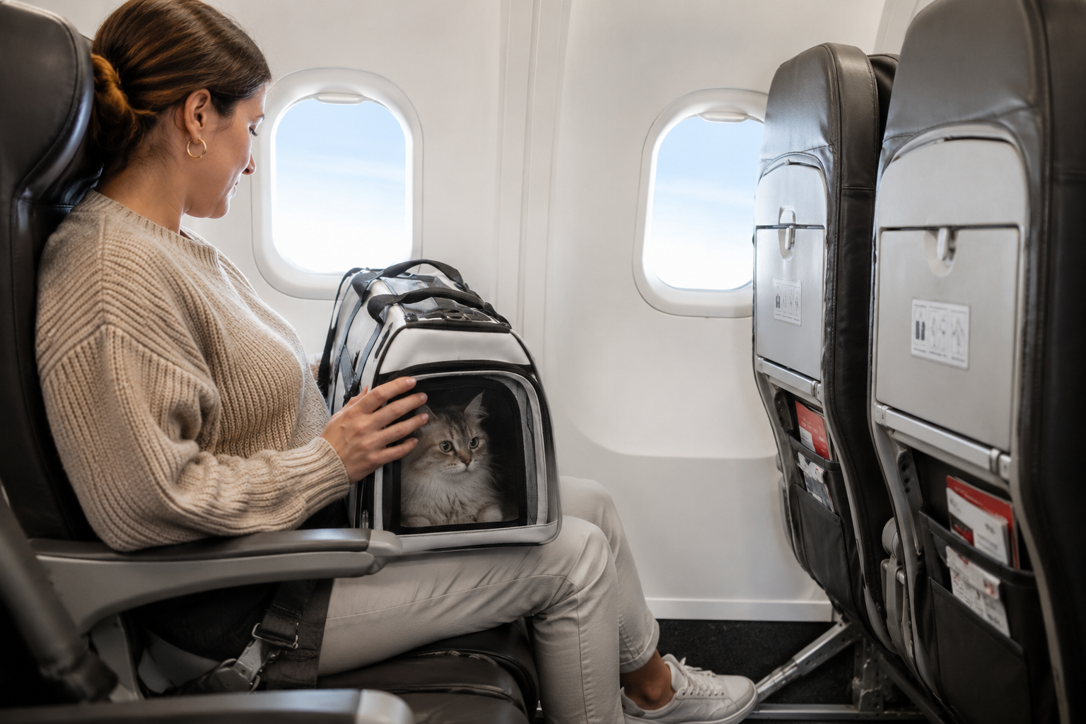 Chat installé dans un sac de transport souple ventilé homologué cabine, glissé sous le siège avant d'un avion