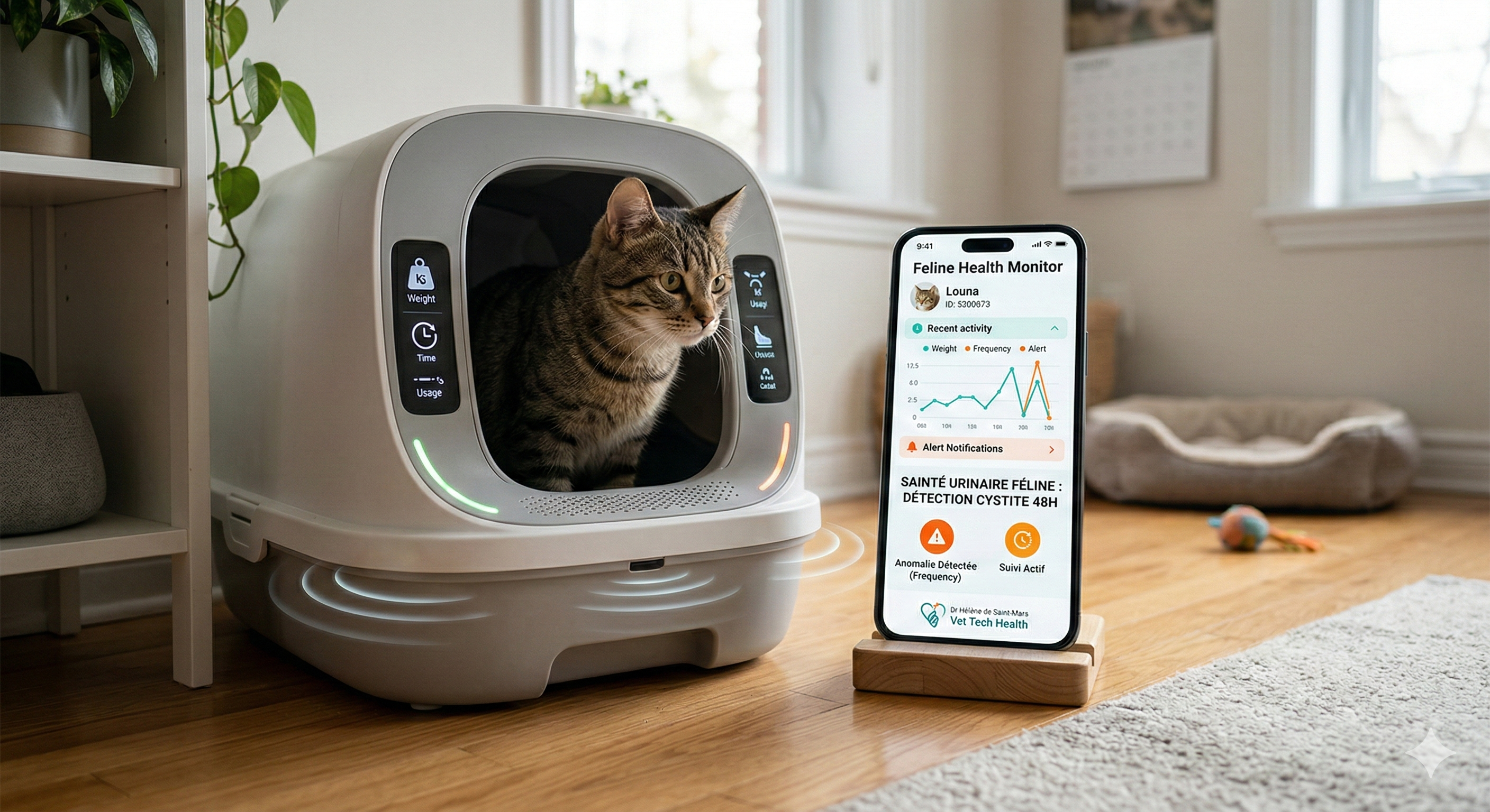 Chat mâle roux assis près d'une litière connectée avec application de suivi santé urinaire sur smartphone