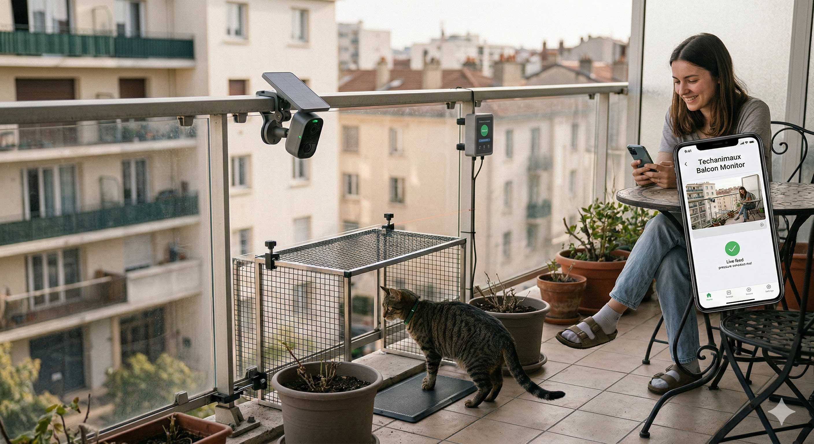 Chat roux regardant depuis un balcon sécurisé avec un filet de protection, immeuble parisien