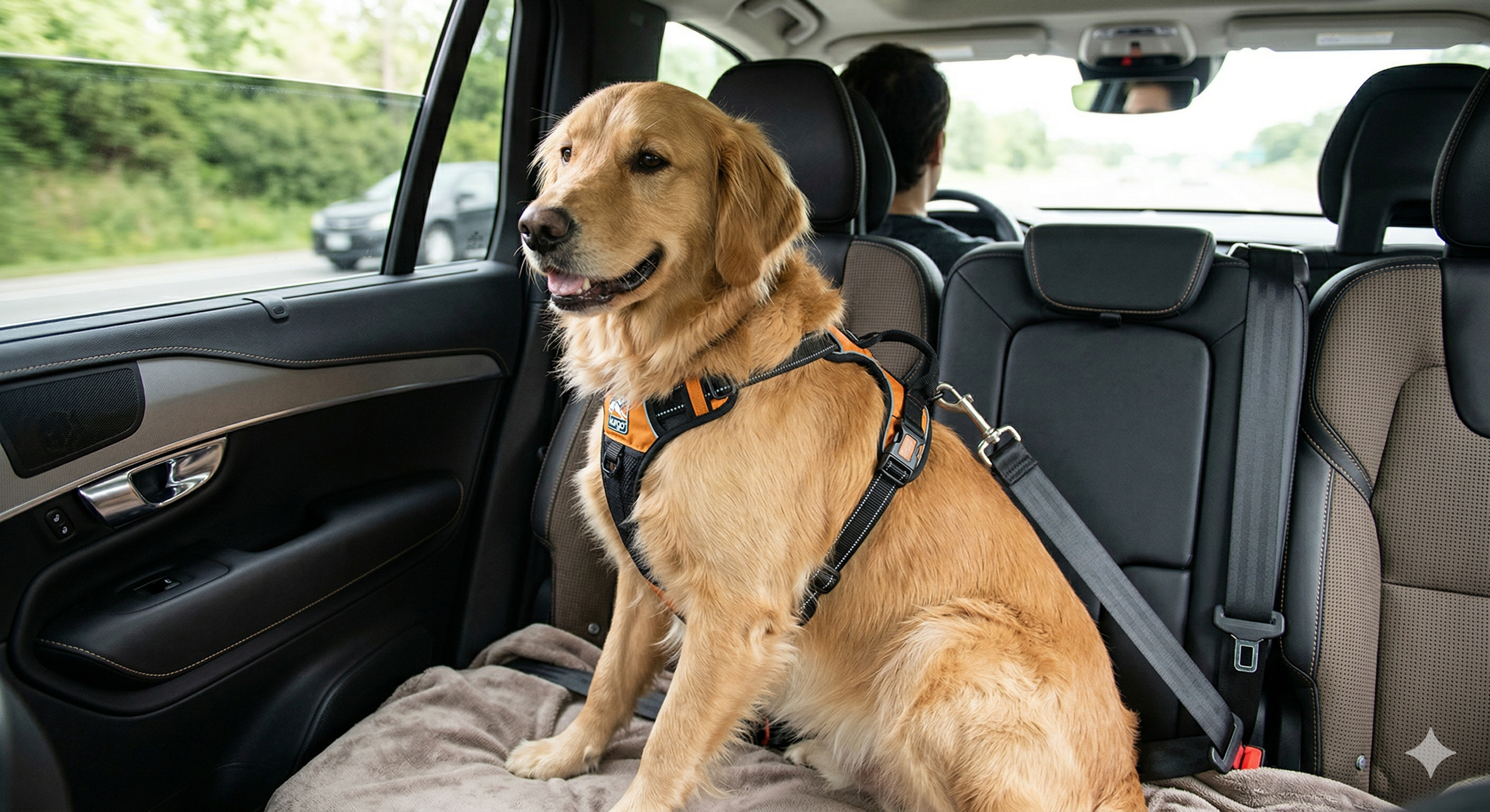 Chien golden retriever dans une caisse de transport homologuée IATA arrimée dans le coffre d'un SUV, avec harnais de sécurité crash-testé