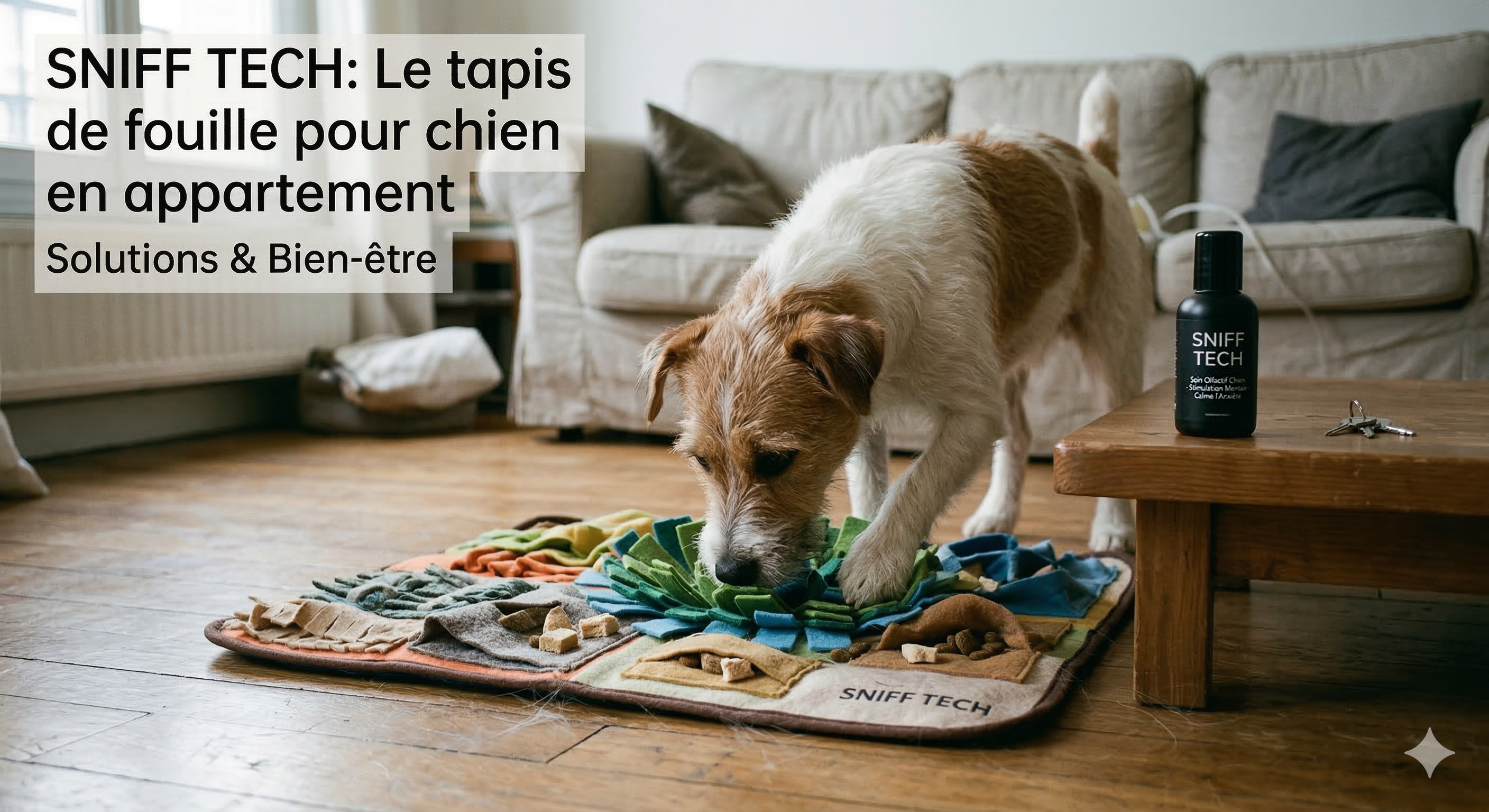 Chien concentré sur un tapis de fouille interactif, stimulant son intelligence olfactive en appartement