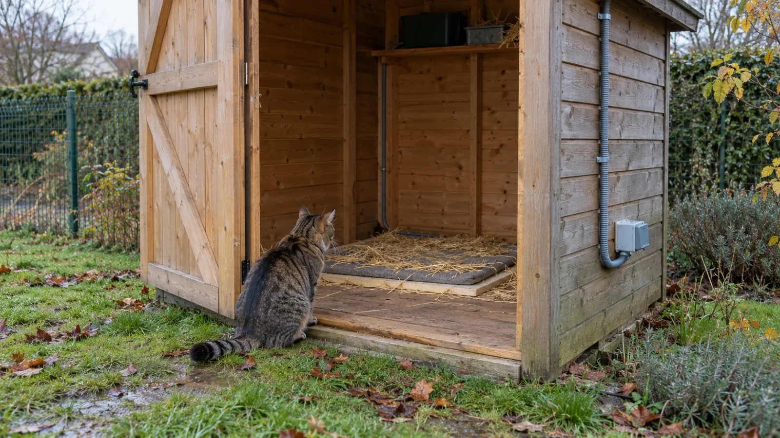 Abri de jardin en bois ouvert dans un petit jardin français, un tapis chauffant gris posé sur un panneau isolant et recouvert d'une fine couche de paille, le câble protégé par une gaine annelée qui sort par le haut de la paroi et descend vers un boîtier de prise étanche, un chat tigré assis à l'entrée qui regarde à l'intérieur, lumière grise de fin d'automne sur l'herbe mouillée