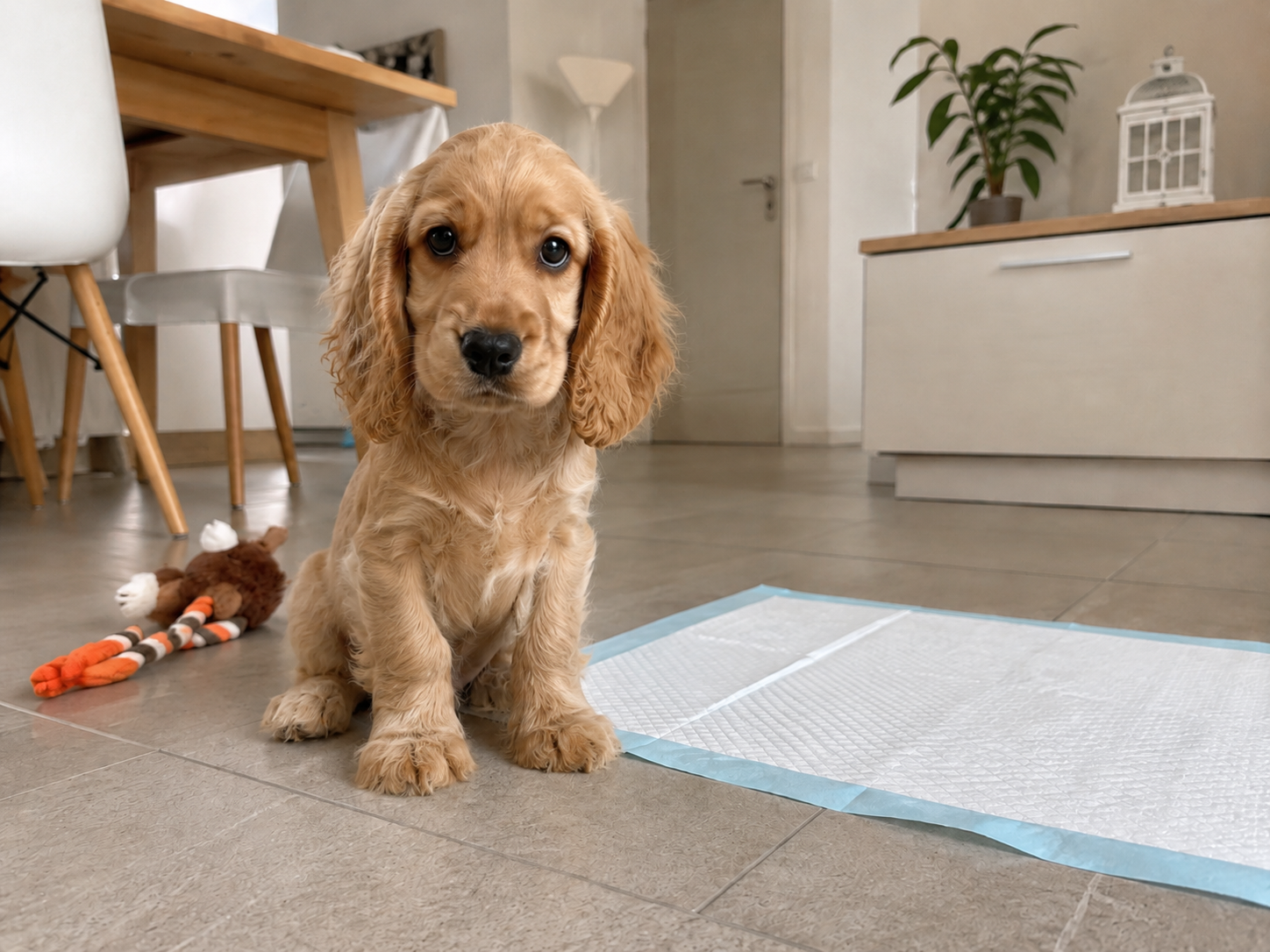 Chiot assis à côté d'un tapis éducateur de propreté dans un salon, en plein apprentissage