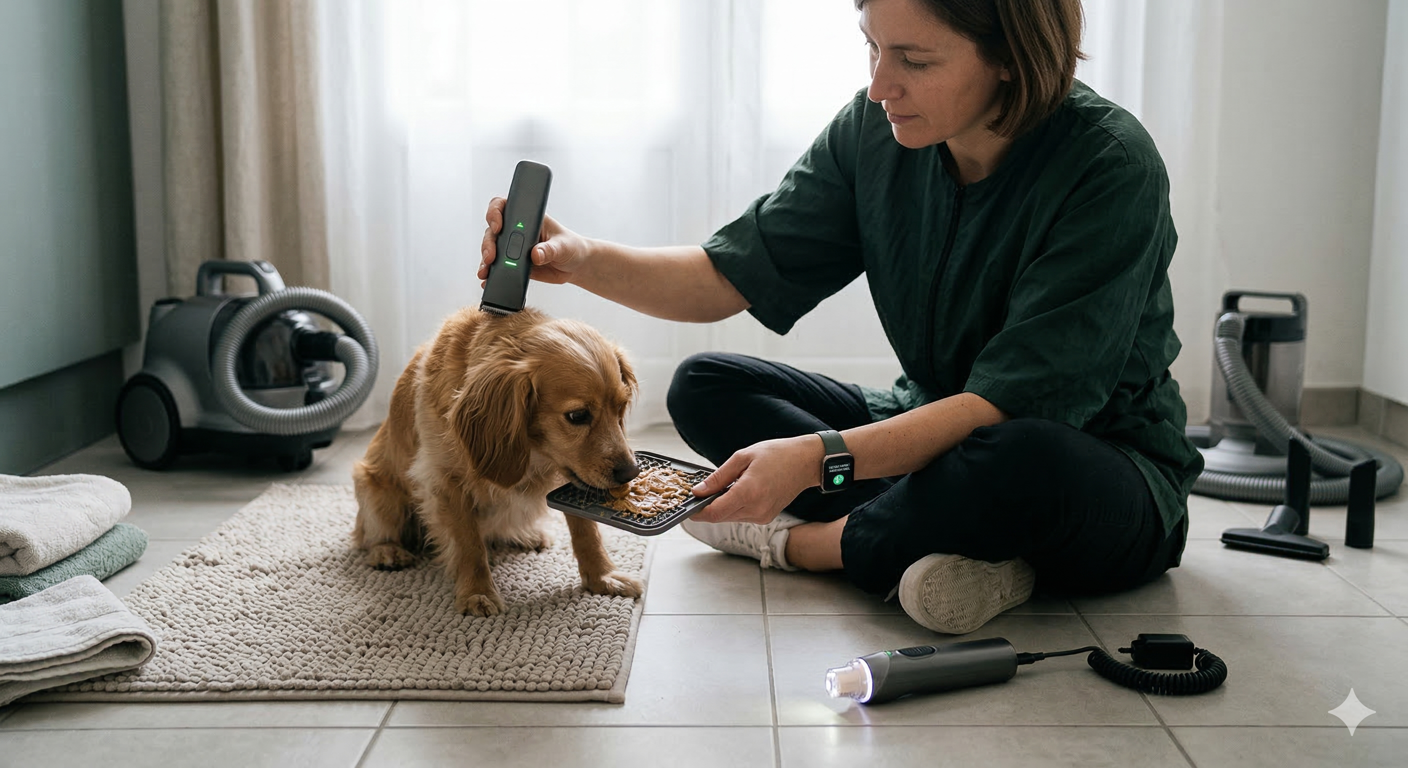 Chien anxieux retrouvant confiance grâce à une tondeuse ultra-silencieuse - protocole de désensibilisation progressive