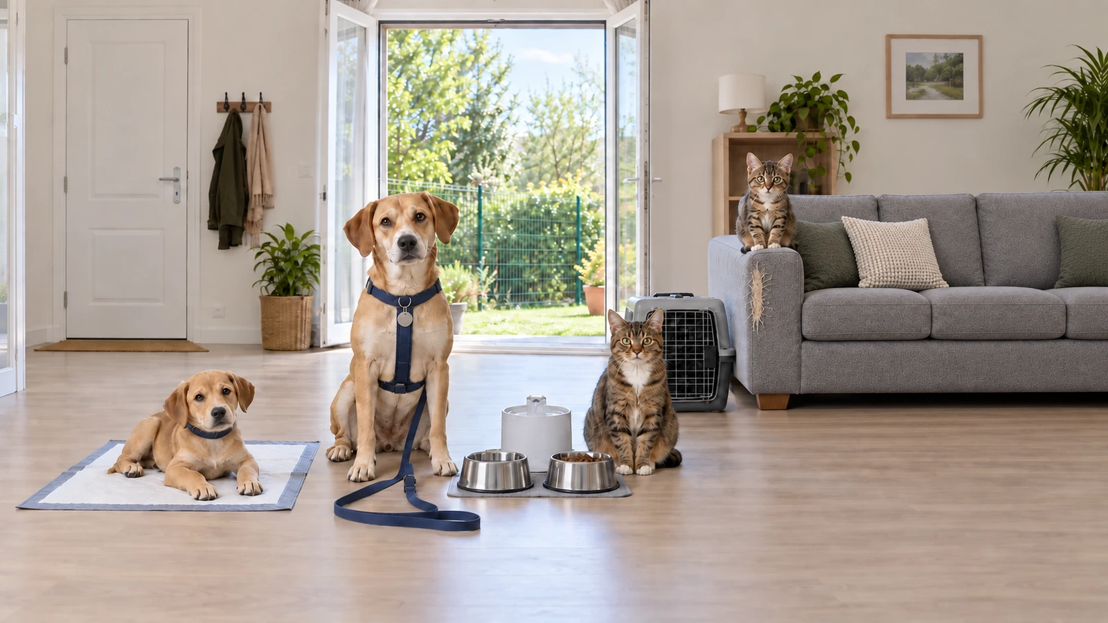 Un chien et son chiot, un chat et son chaton dans un salon : laisse, tapis éducateur, gamelles, caisse de transport et canapé griffé