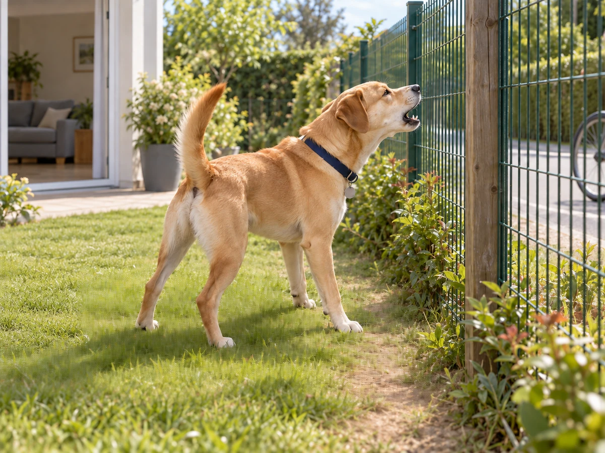 Chien posté à la clôture qui aboie sur les passants : photo