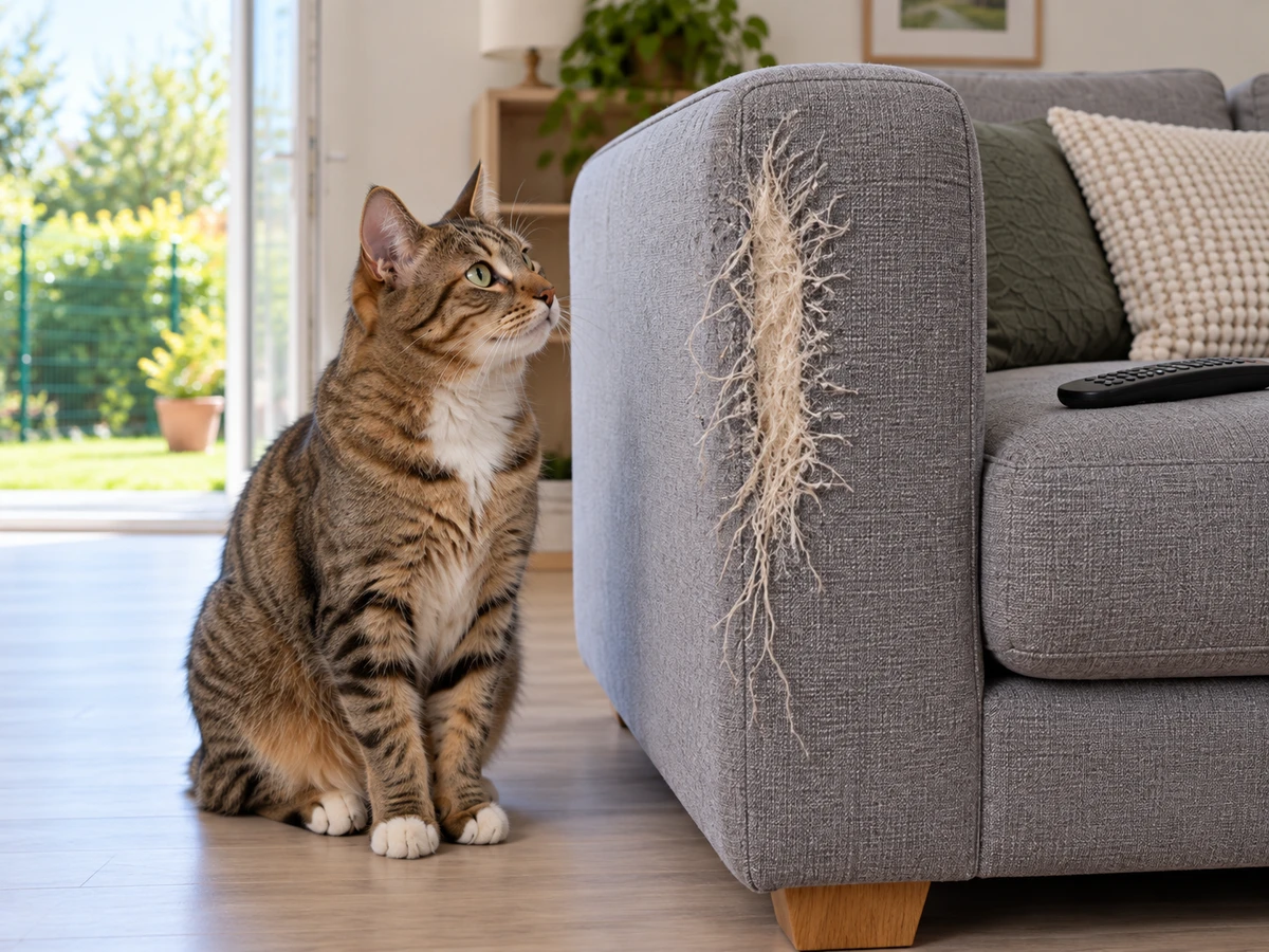 Accoudoir du canapé effiloché par les griffes du chat : photo