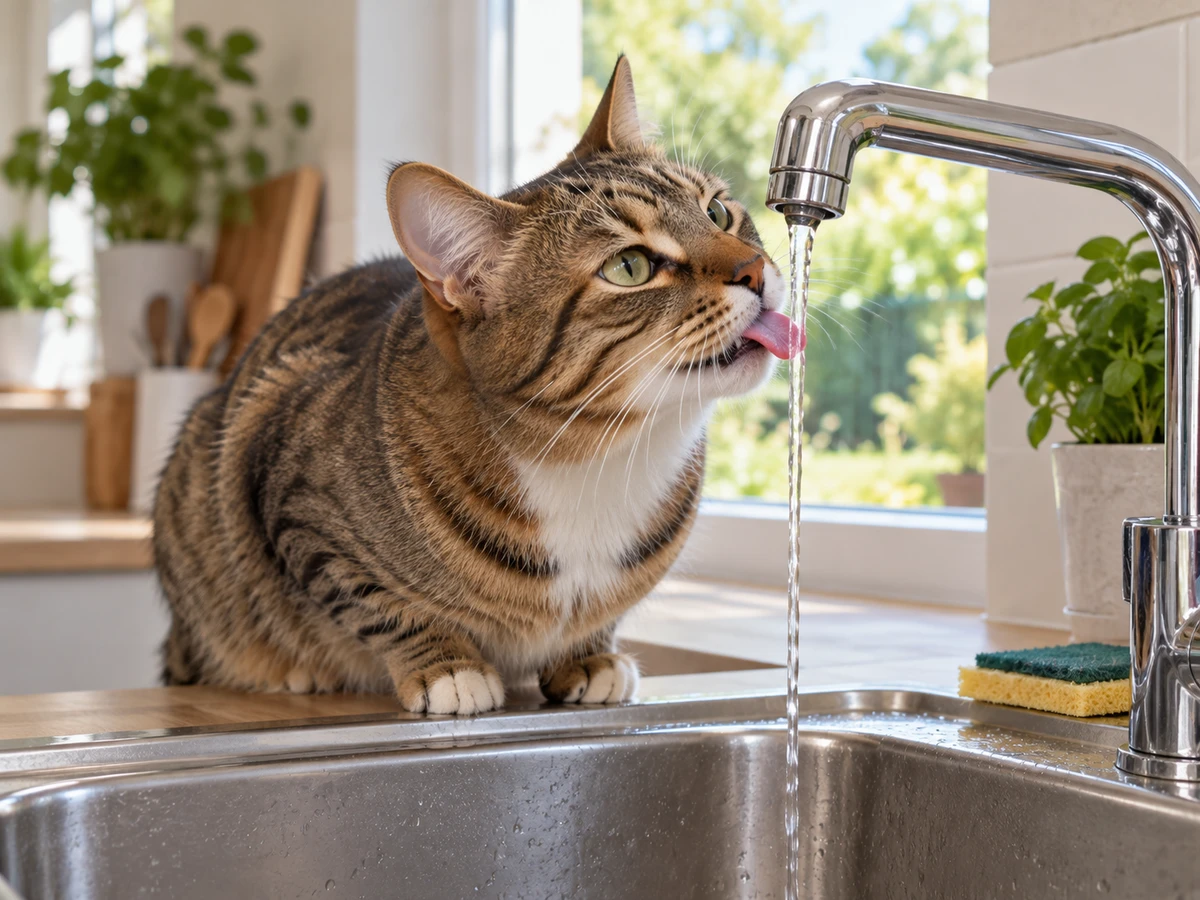 Chat perché sur l'évier qui lape le filet du robinet : photo