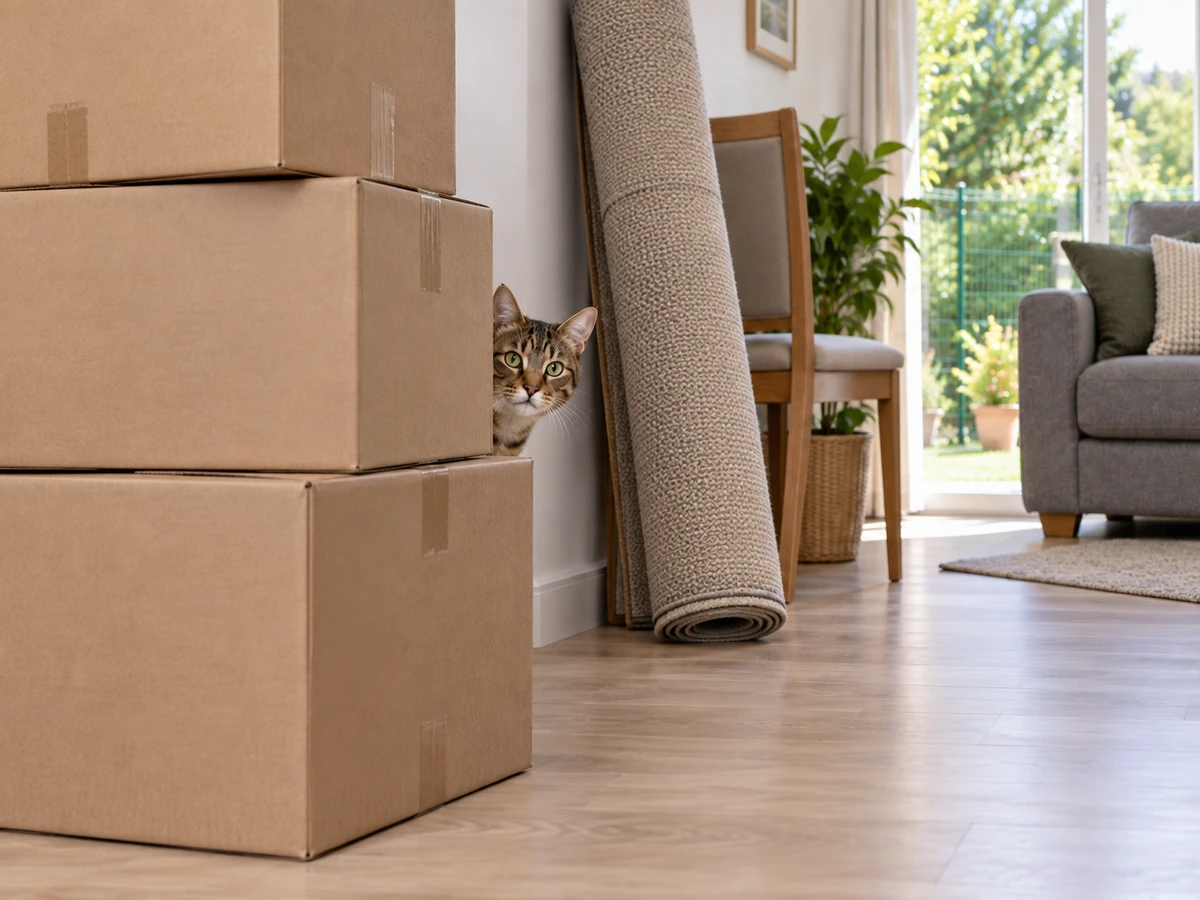 Chat qui disparaît derrière les cartons après un changement : photo