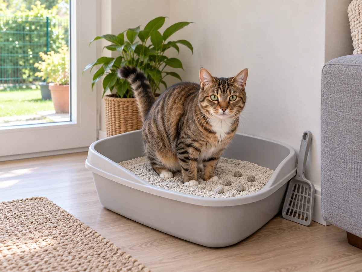 Chat accroupi dans sa litière, petits agglomérats multipliés : photo