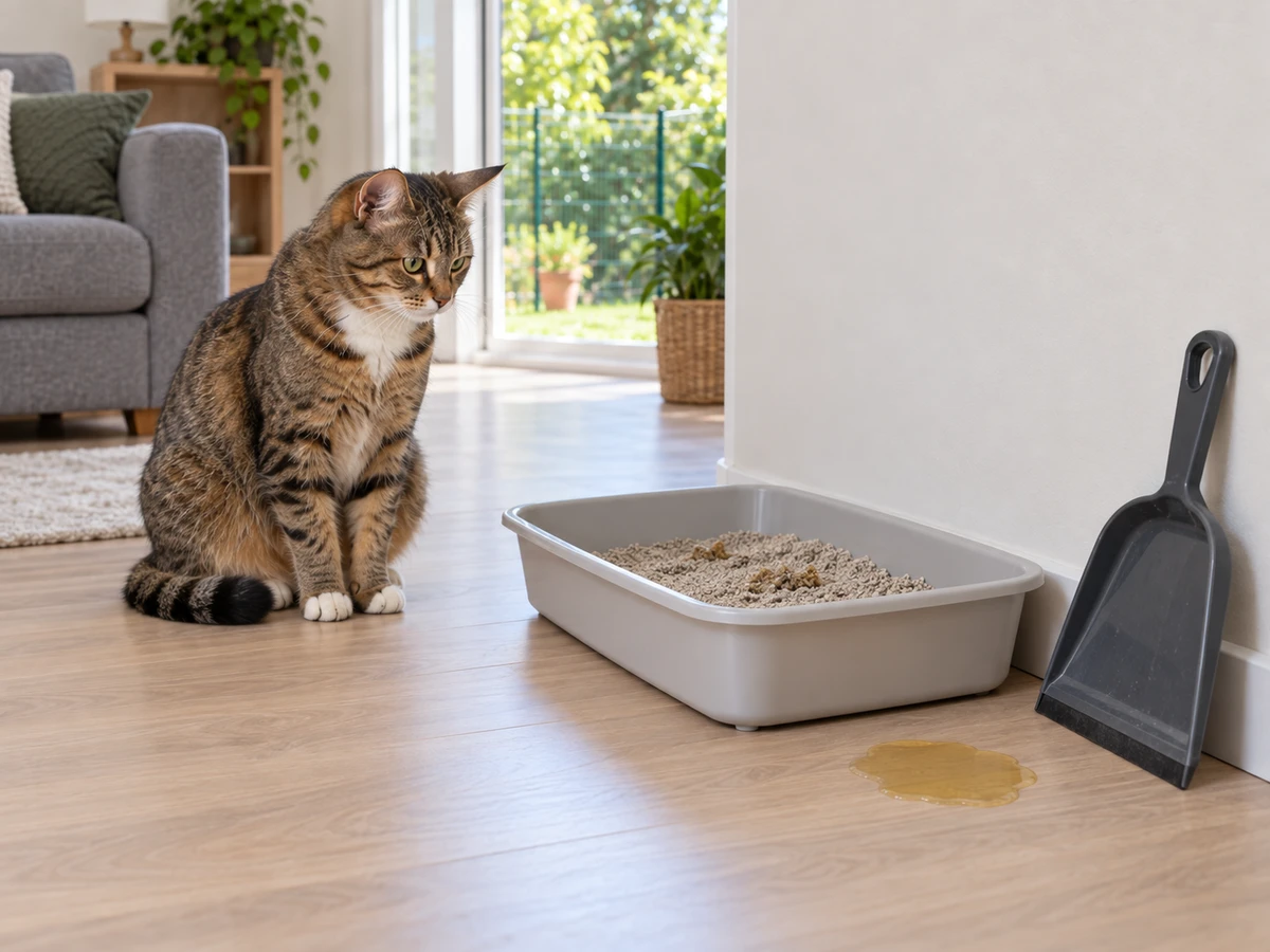 Chat qui fait pipi à côté de son bac : photo